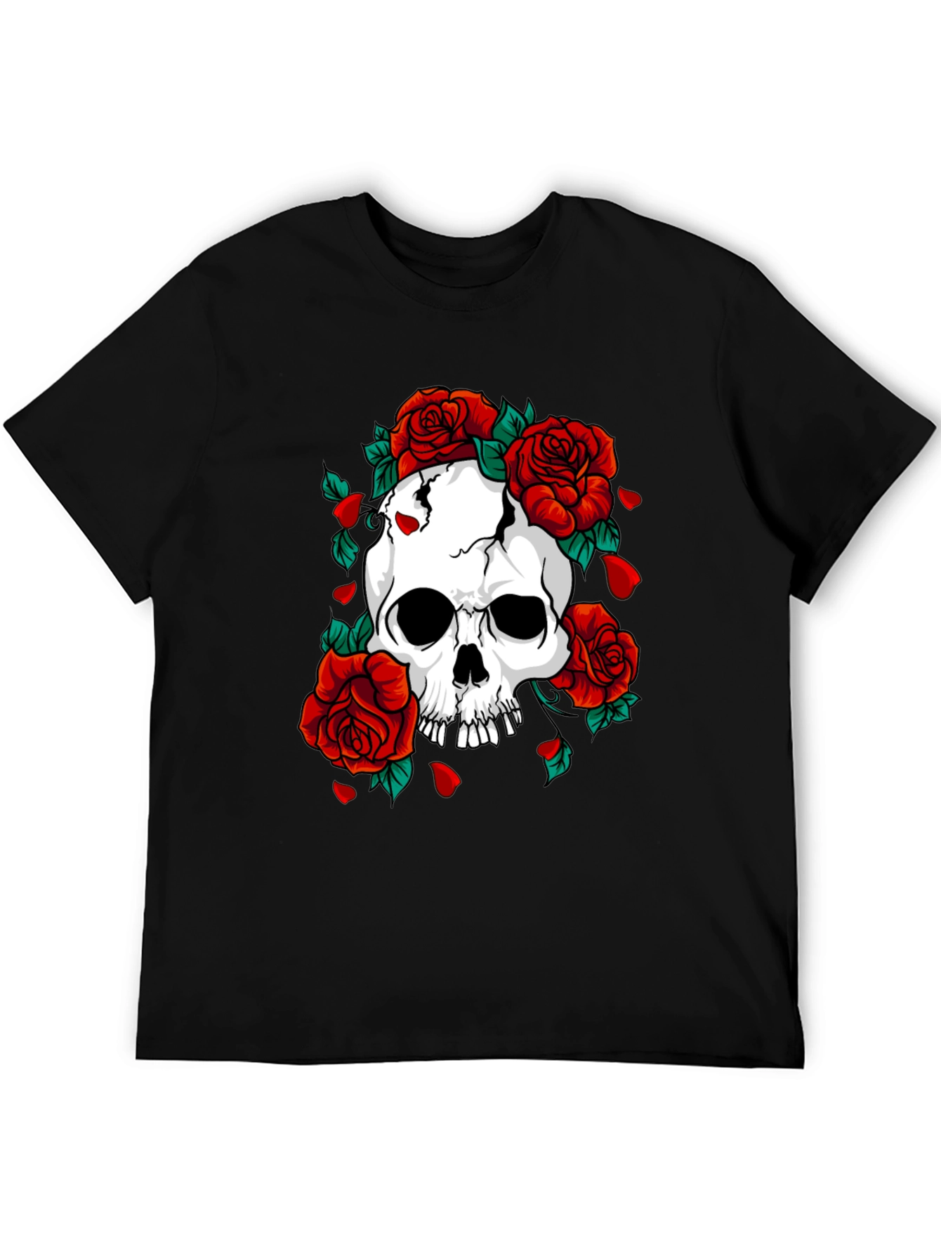 Skull & Roses Graphic Print Black T-Shirt