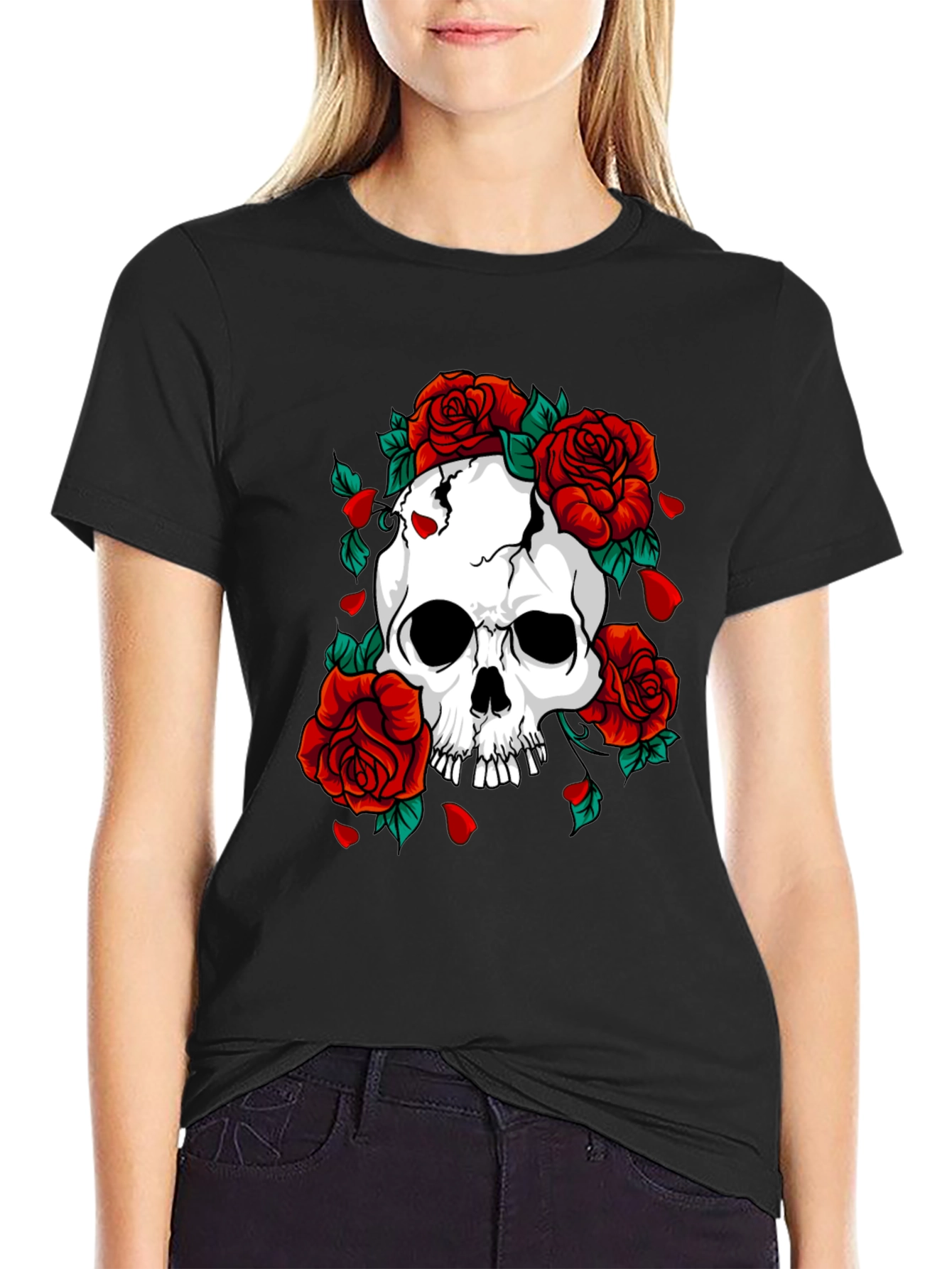 Skull & Roses Graphic Print Black T-Shirt