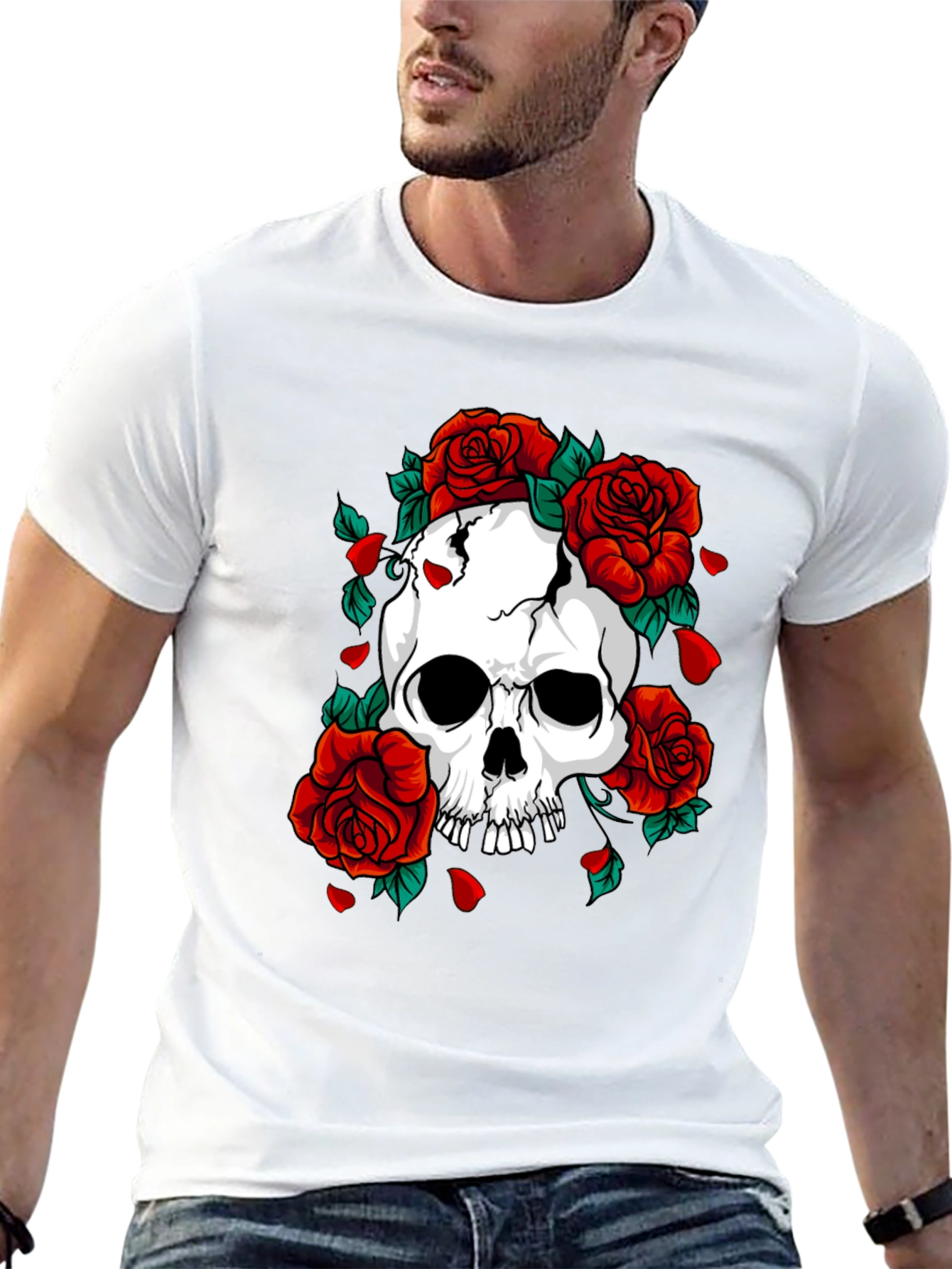 Skull & Roses Graphic Print Black T-Shirt