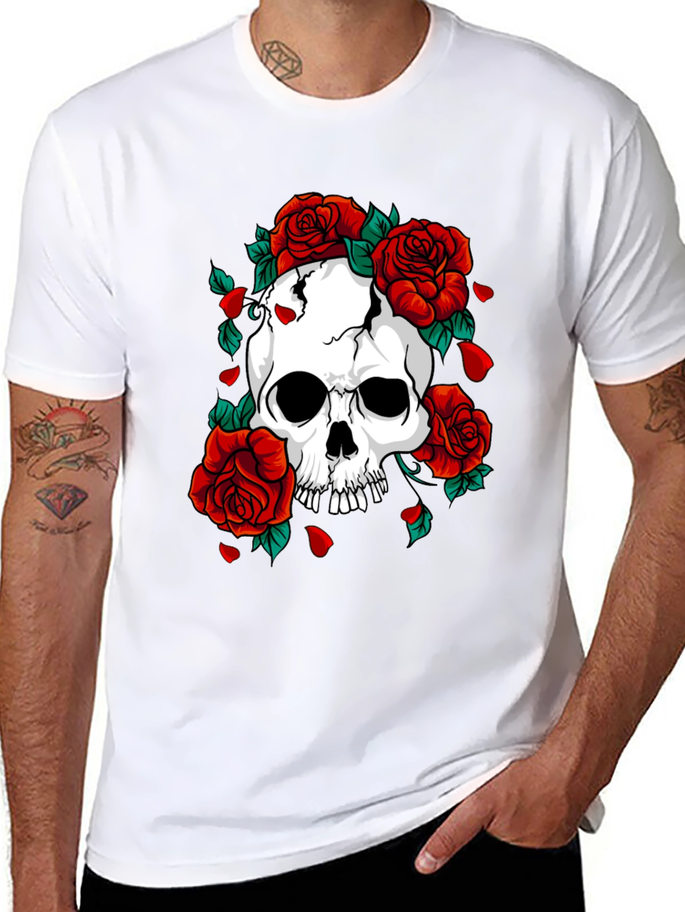 Skull & Roses Graphic Print Black T-Shirt