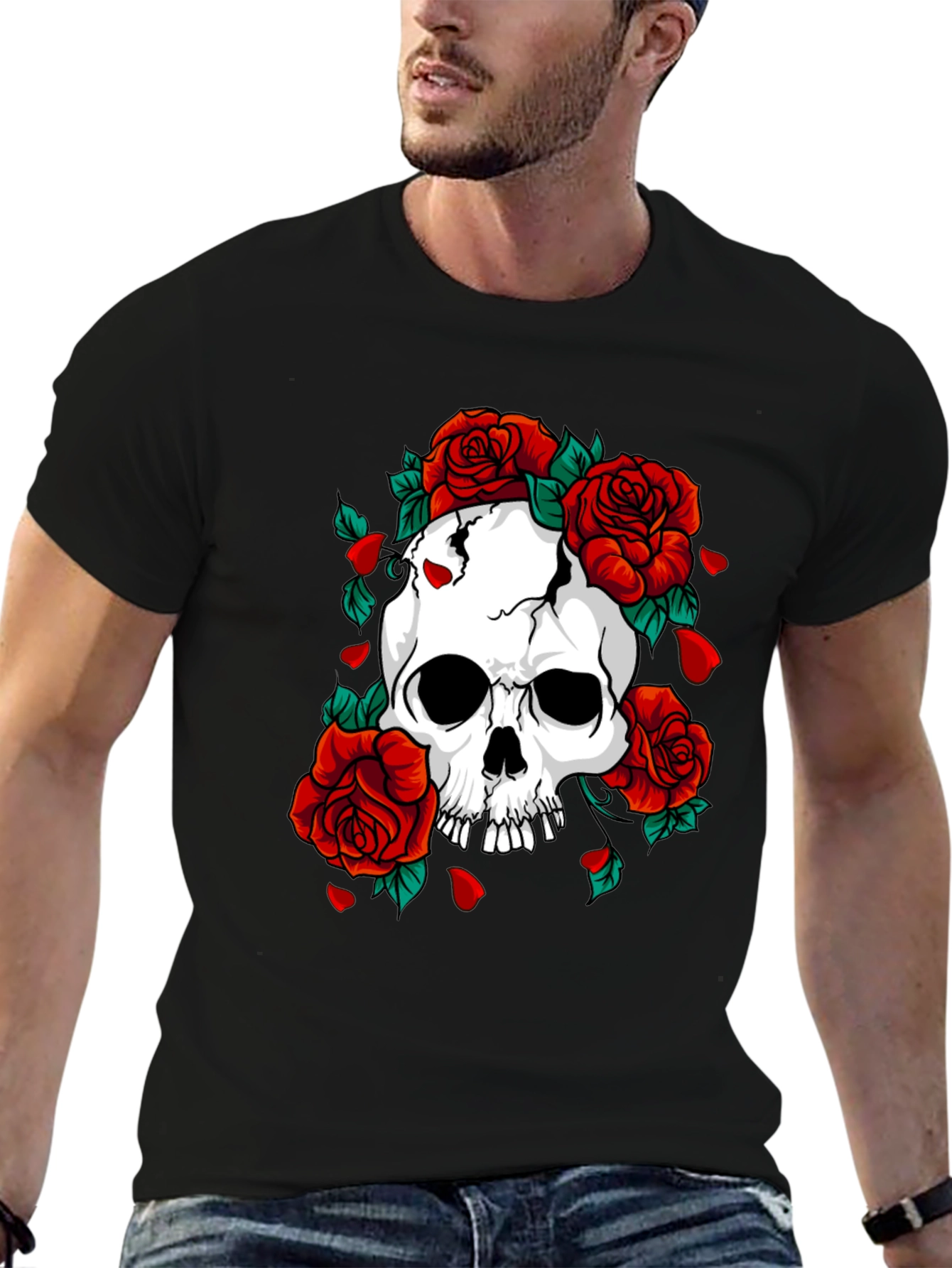 Skull & Roses Graphic Print Black T-Shirt
