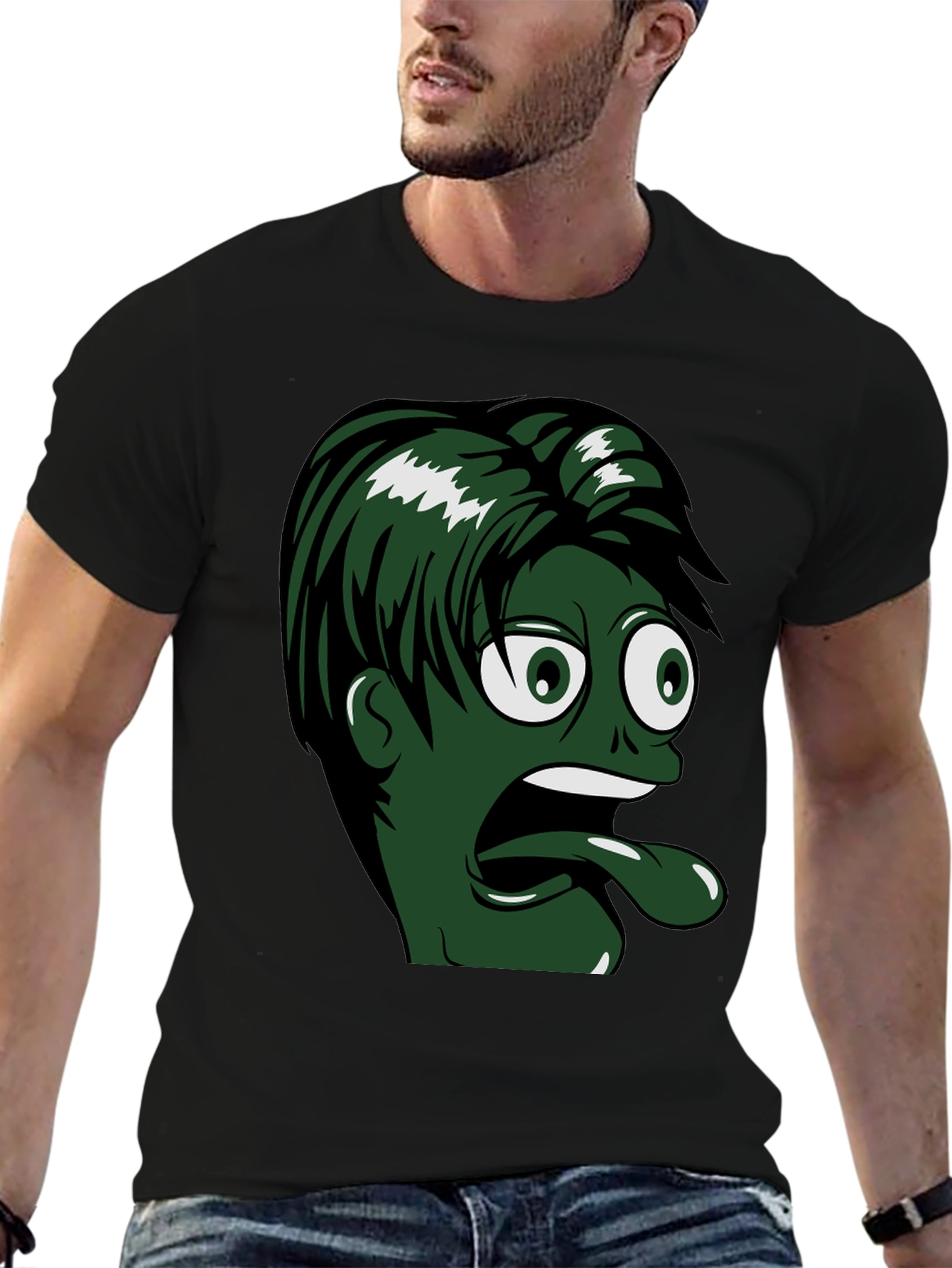 Cartoon Face T-Shirt - Green Tongue Black Tee