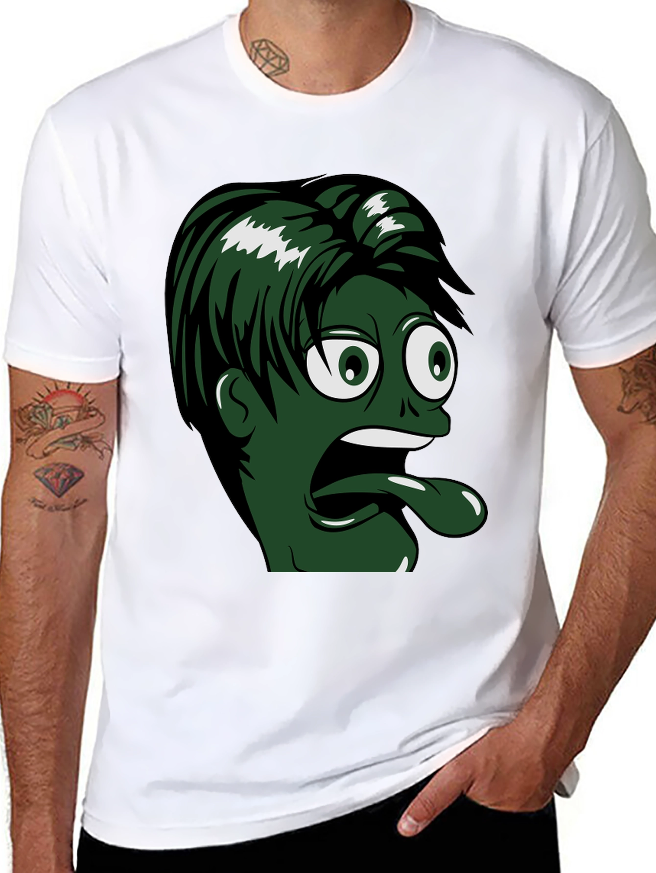 Cartoon Face T-Shirt - Green Tongue Black Tee