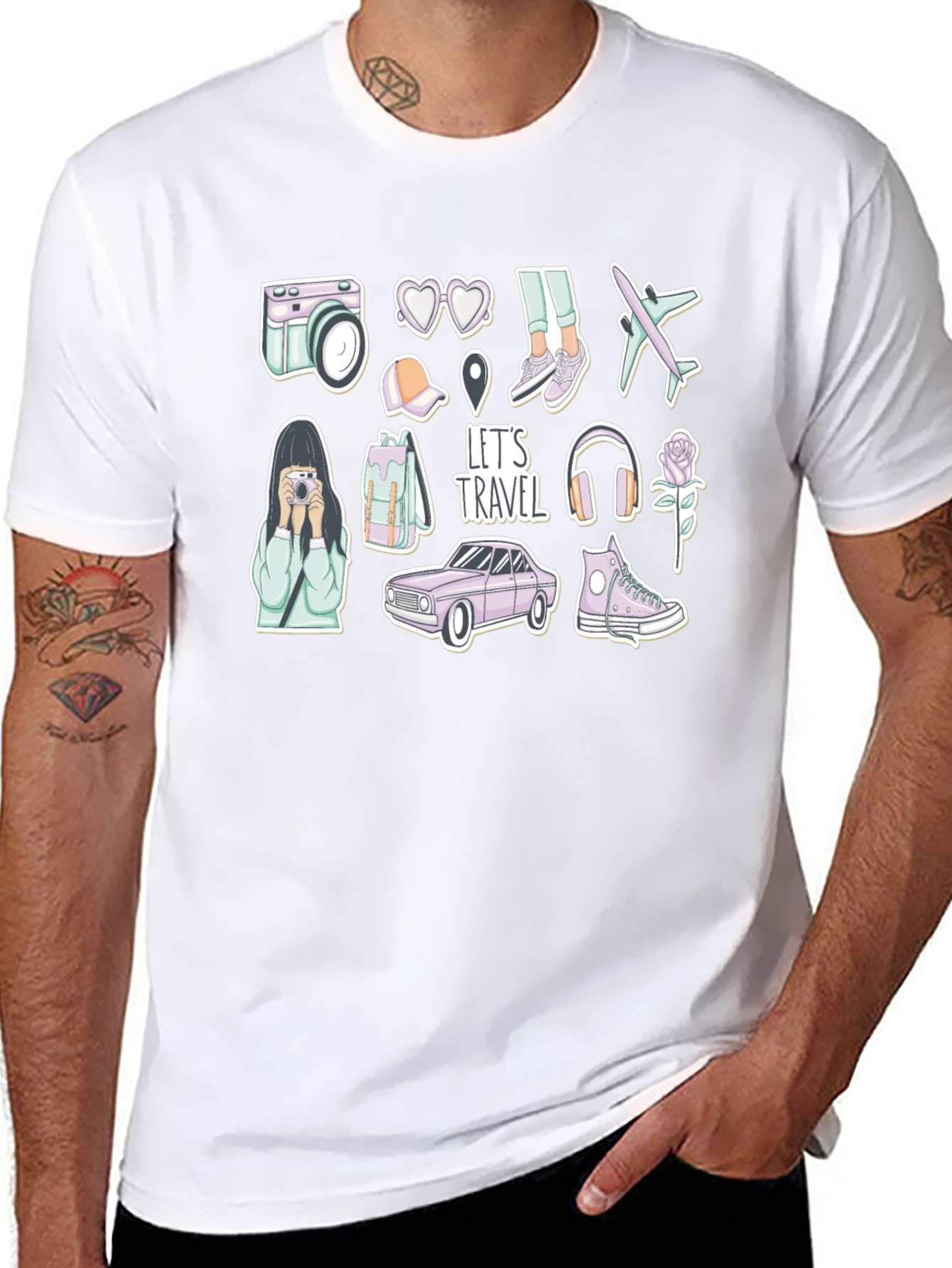 Travel Stickers T-Shirt - Wanderlust Adventure Tee