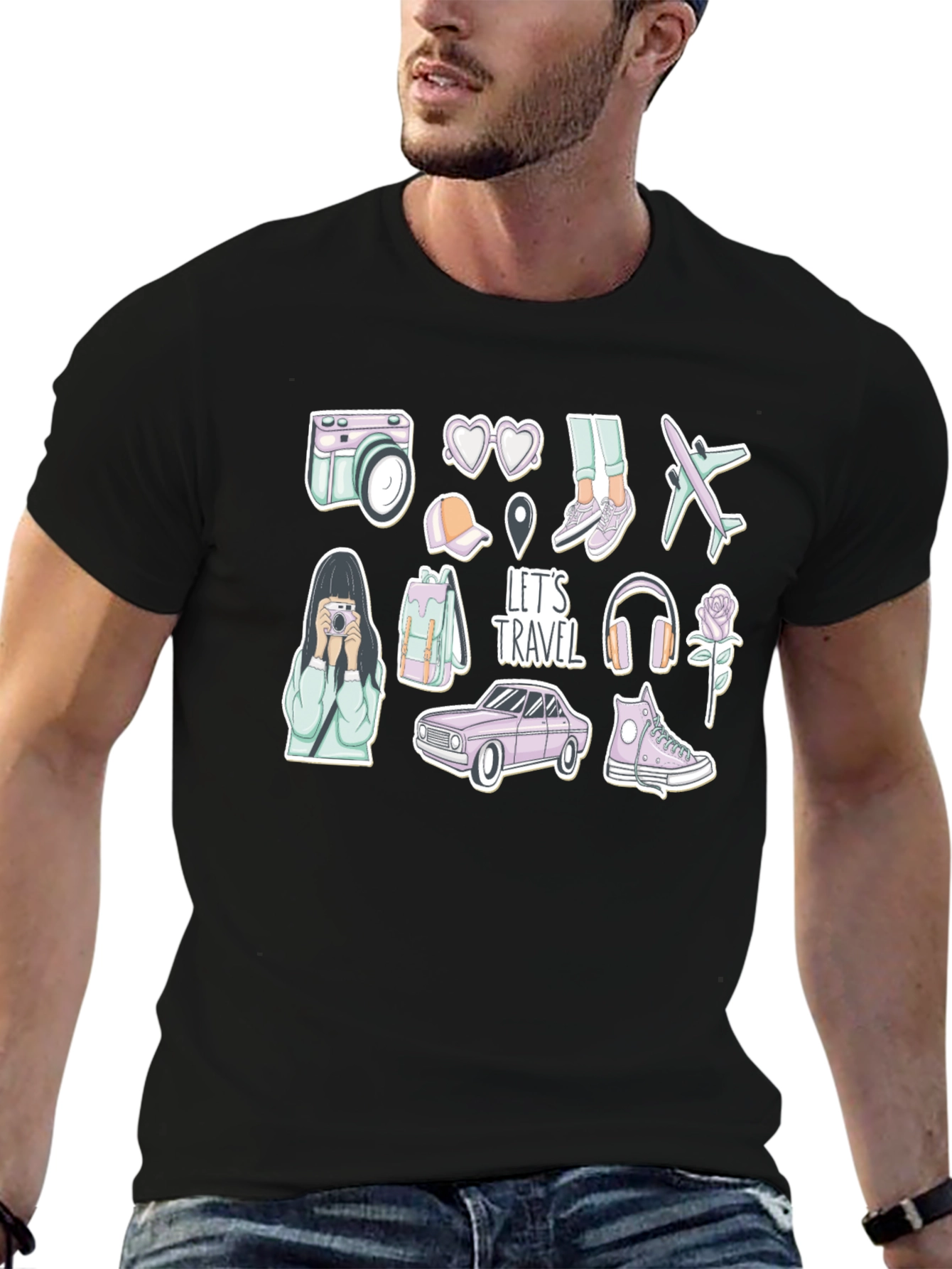 Travel Stickers T-Shirt - Wanderlust Adventure Tee