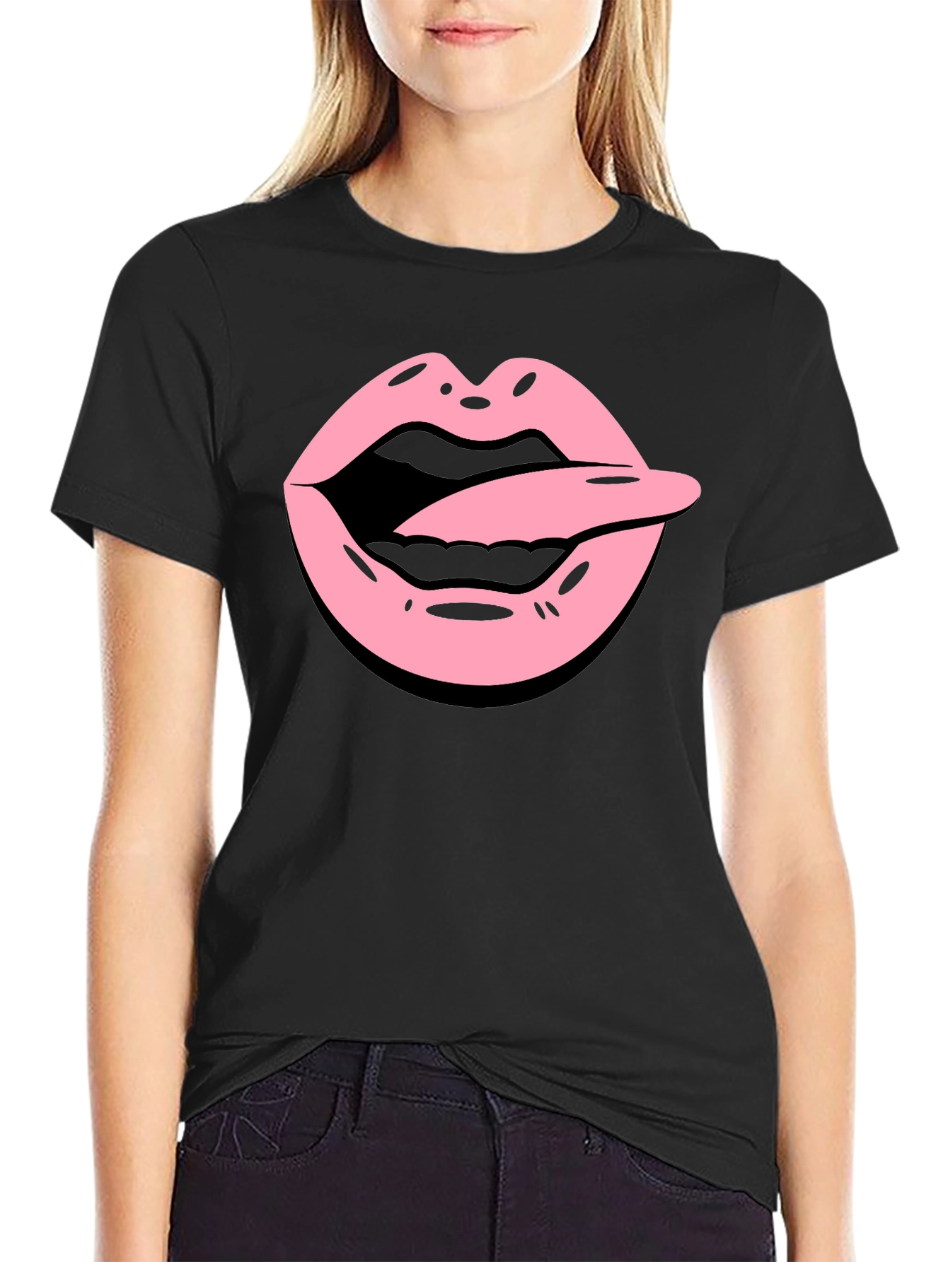 Tongue Out Graphic Tee - Black Cotton Blend Shirt