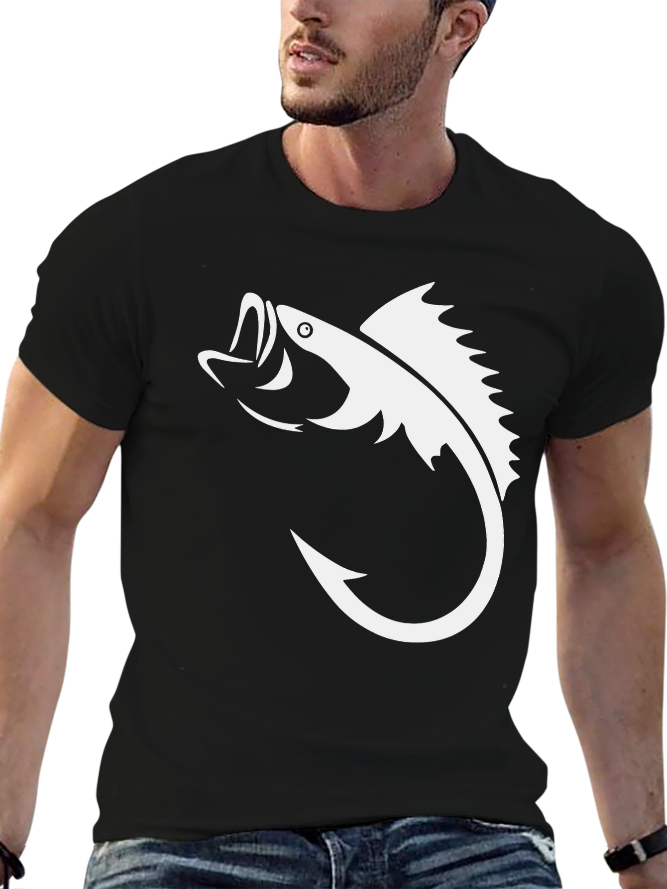 Bass Fish Hook Graphic Tee - Black Cotton T-Shirt