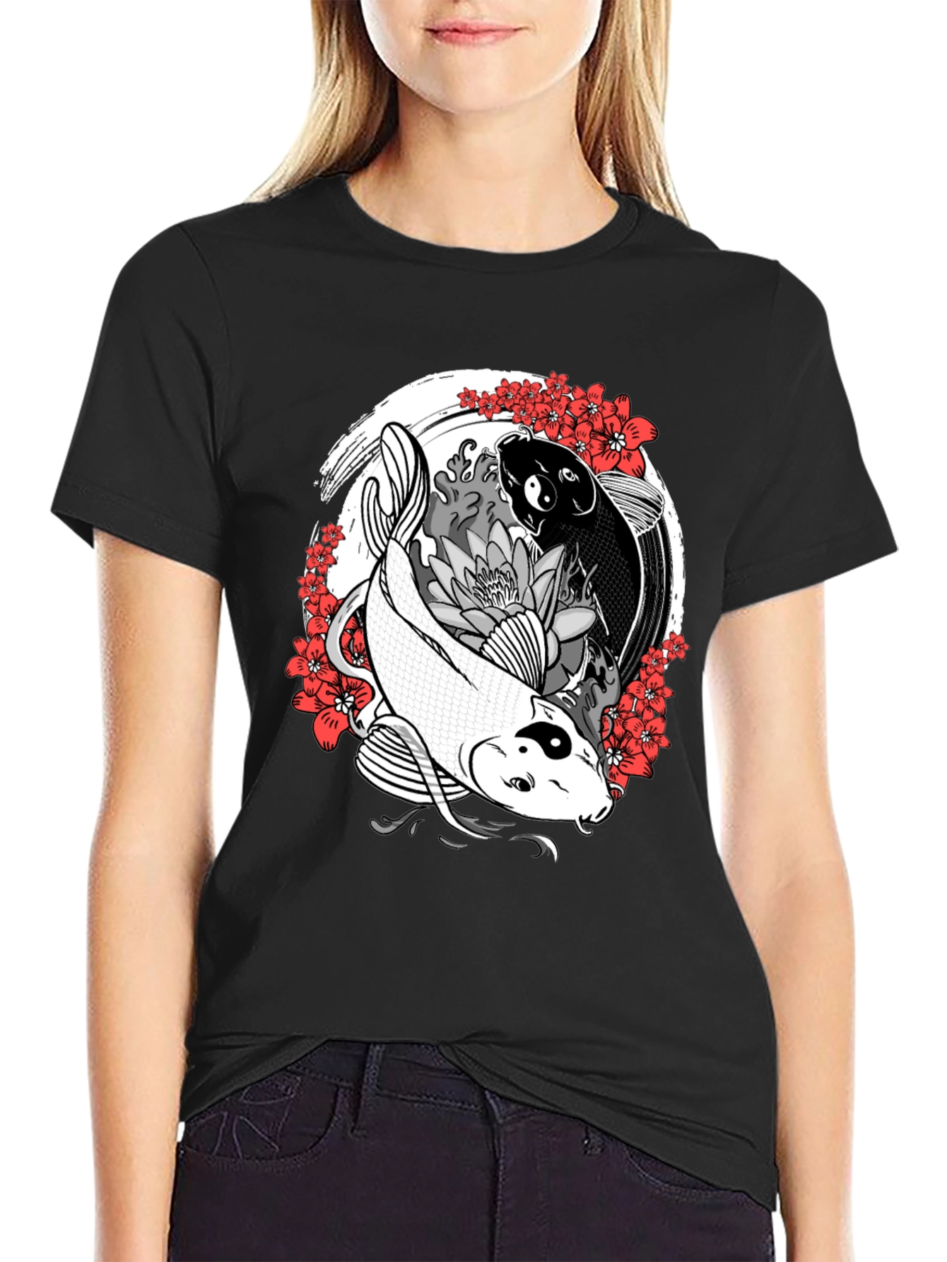 Yin Yang Koi Fish Graphic Tee - Black