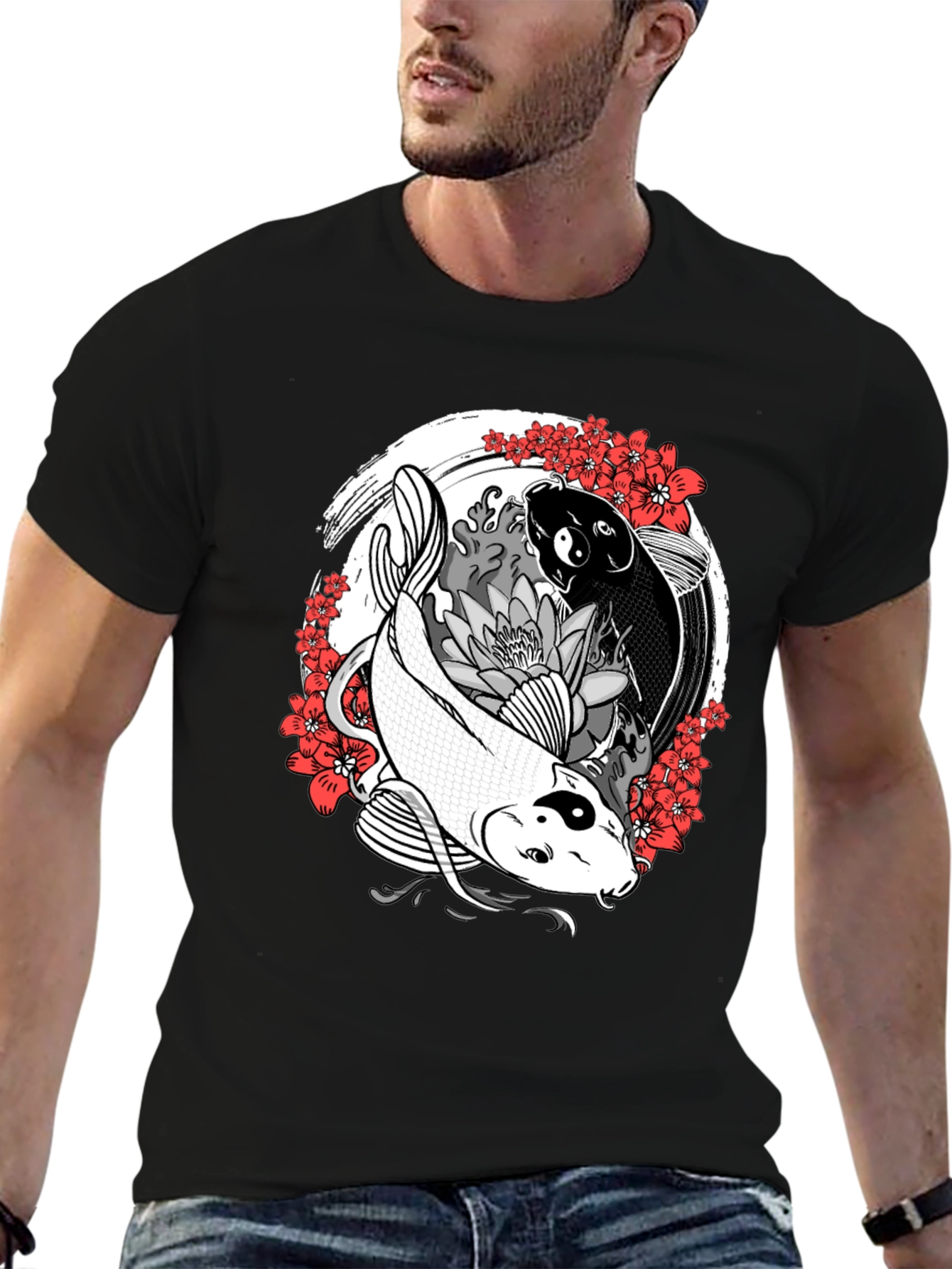 Yin Yang Koi Fish Graphic Tee - Black