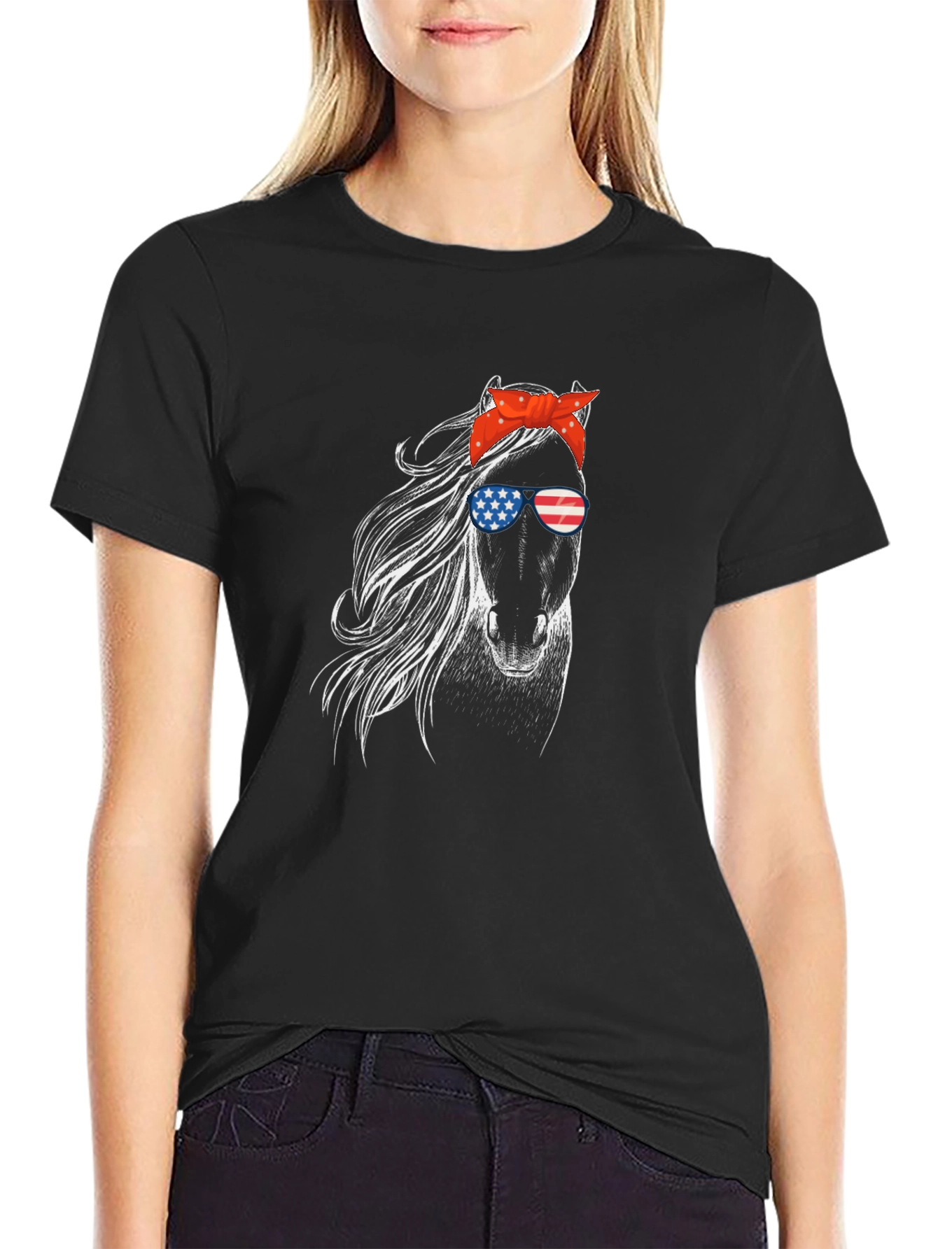 Patriotic Horse Graphic Tee - Black Cotton