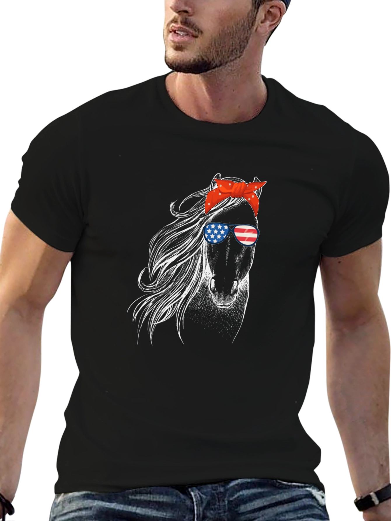 Patriotic Horse Graphic Tee - Black Cotton