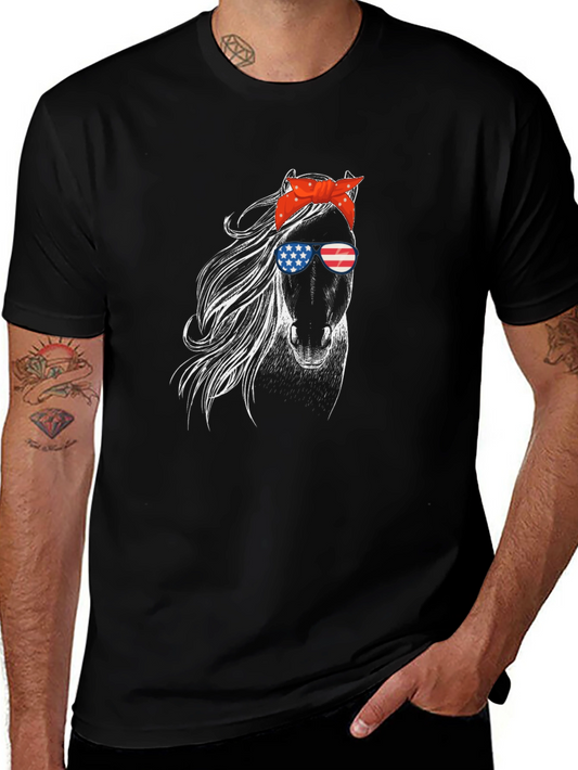 Patriotic Horse Graphic Tee - Black Cotton