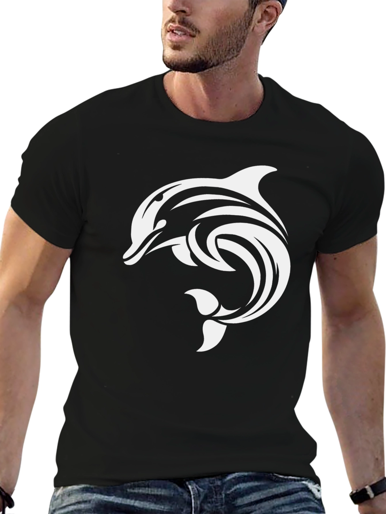 Black Tee with Dolphin Graphic