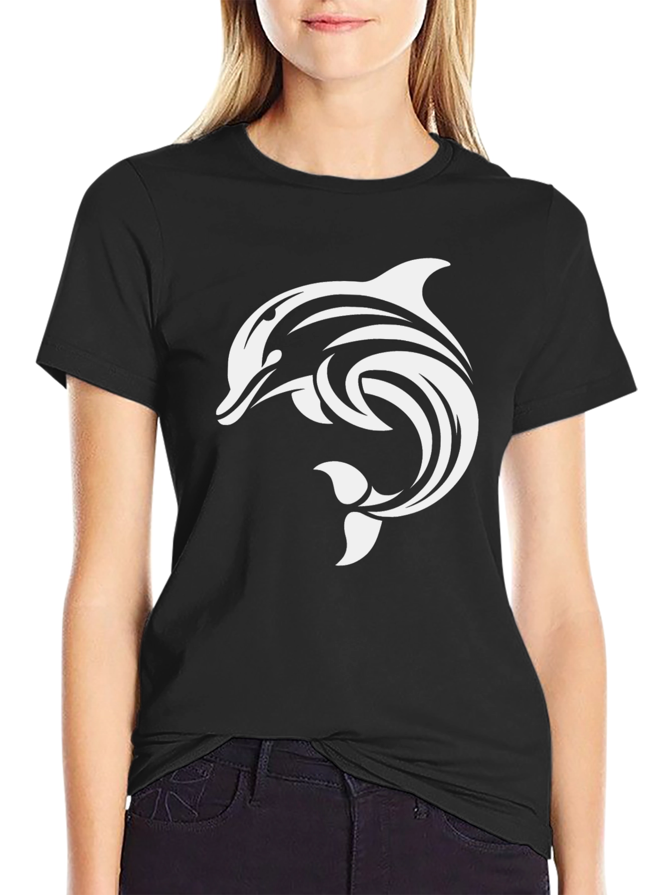 Black Tee with Dolphin Graphic