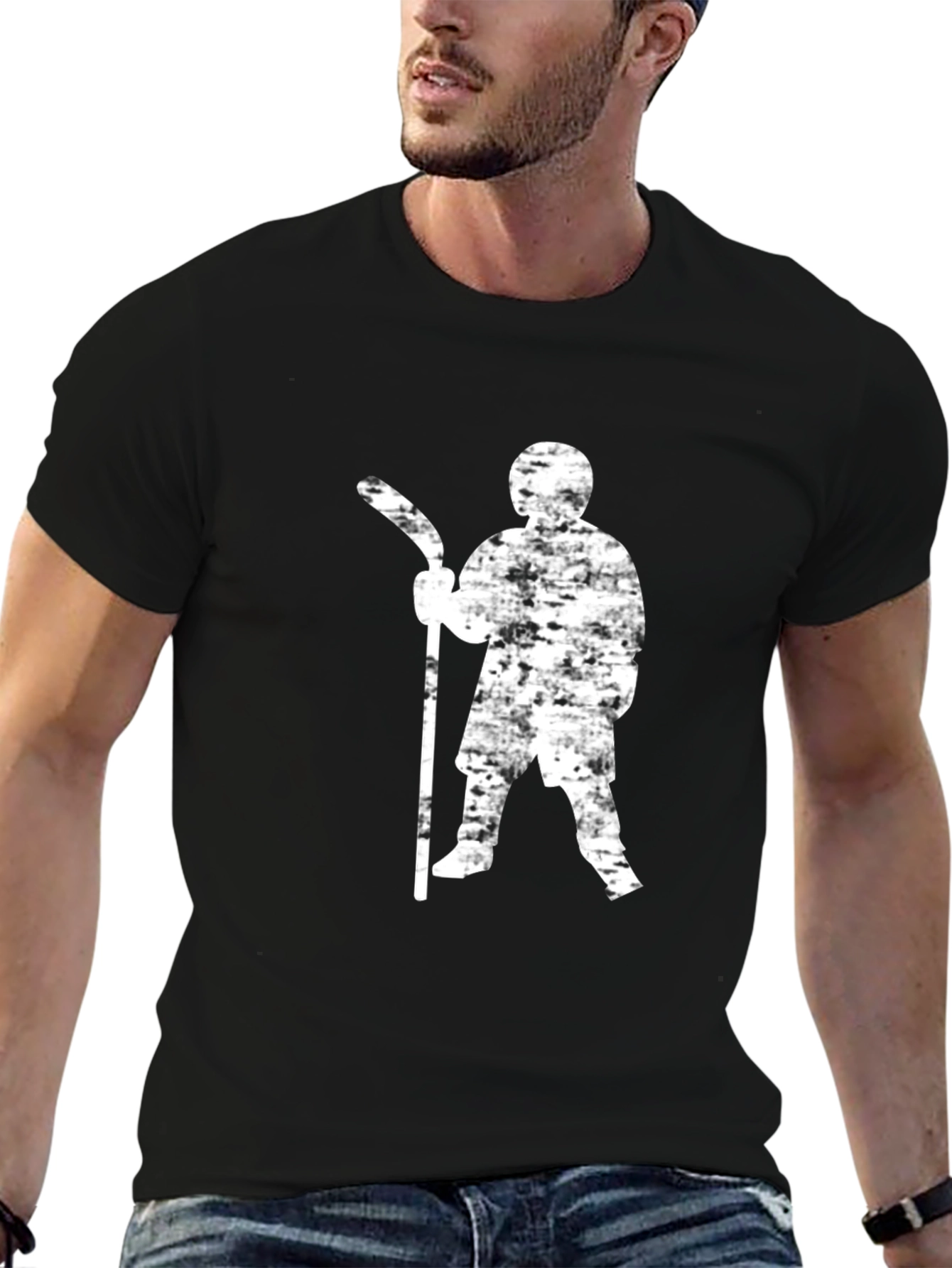 Hockey Player Graphic Tee - Black Cotton T-Shirt