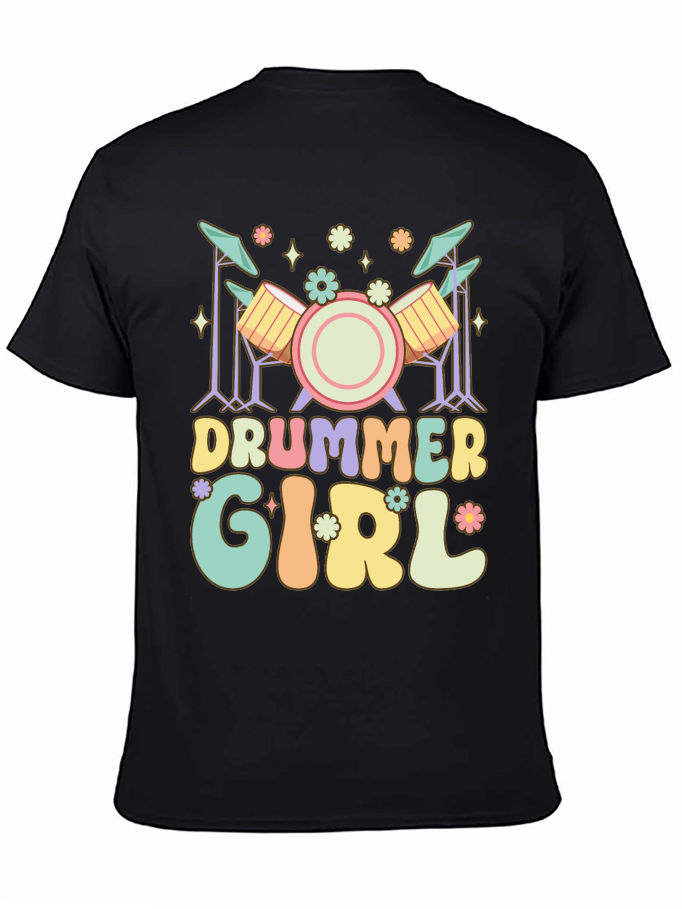 Drummer Girl Graphic Tee - Black Casual T-Shirt