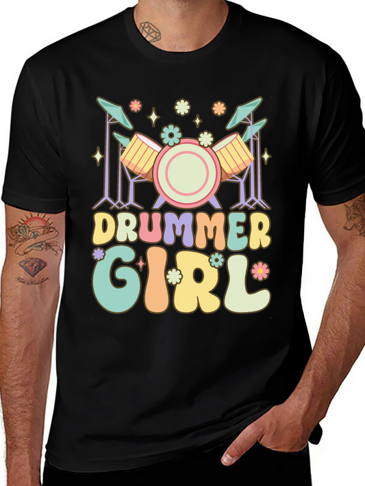 Drummer Girl Graphic Tee - Black Casual T-Shirt