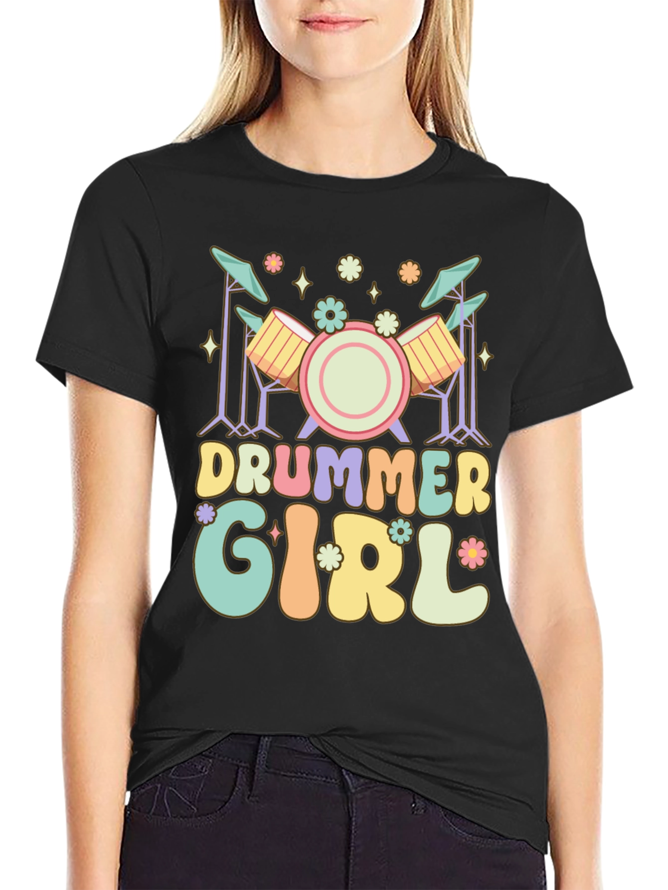 Drummer Girl Graphic Tee - Black Casual T-Shirt
