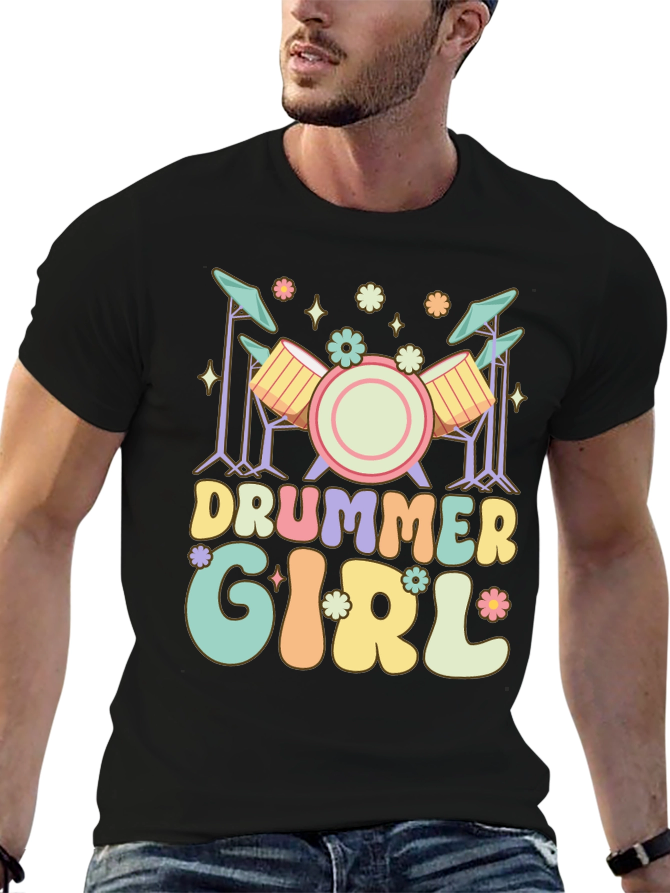 Drummer Girl Graphic Tee - Black Casual T-Shirt