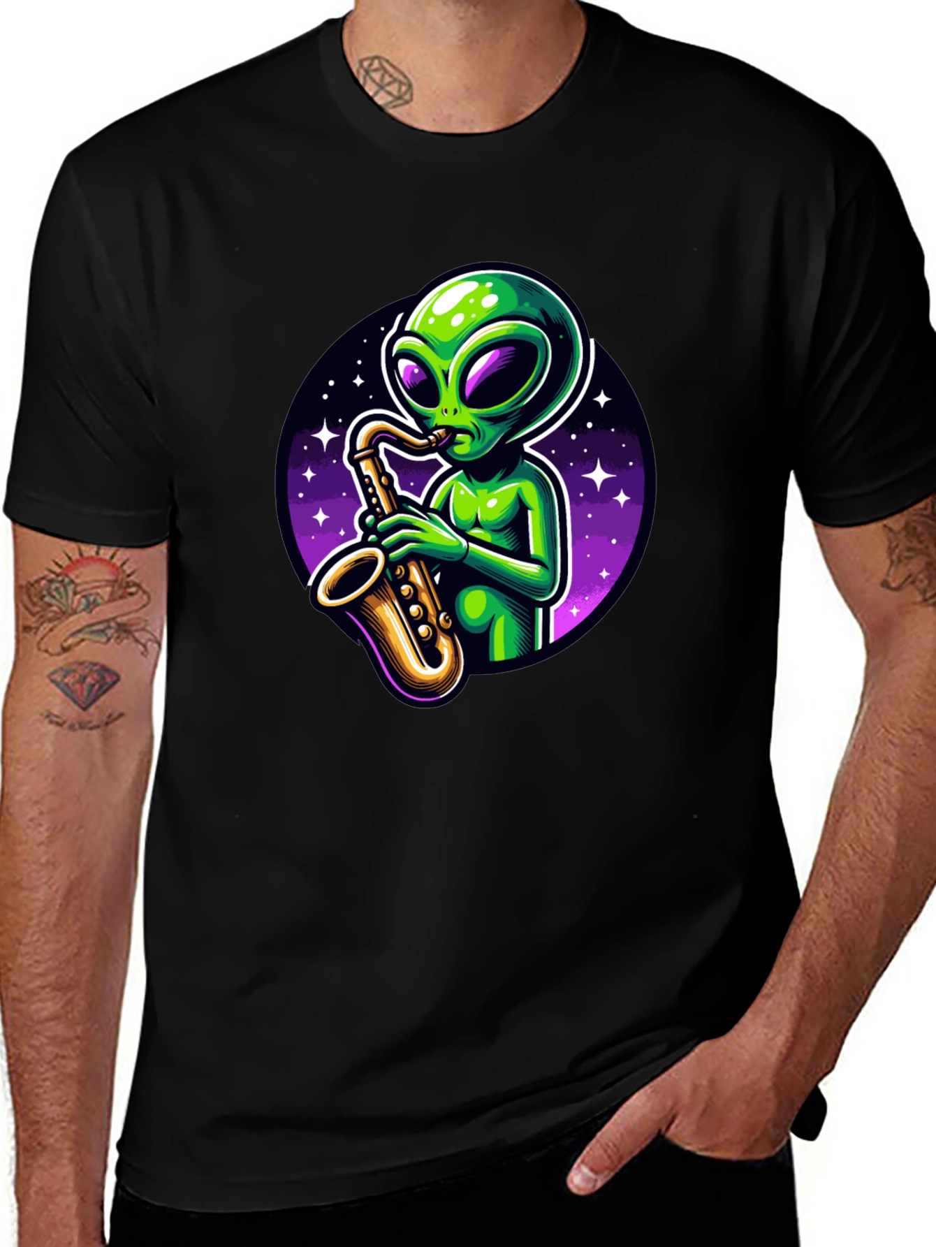 Alien Sax Player Graphic Tee - Black