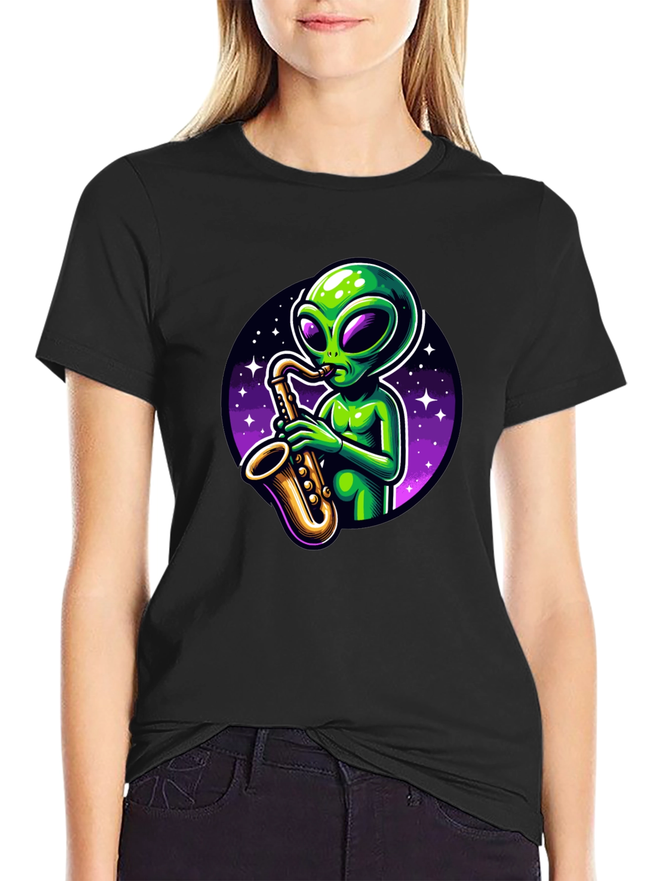 Alien Sax Player Graphic Tee - Black