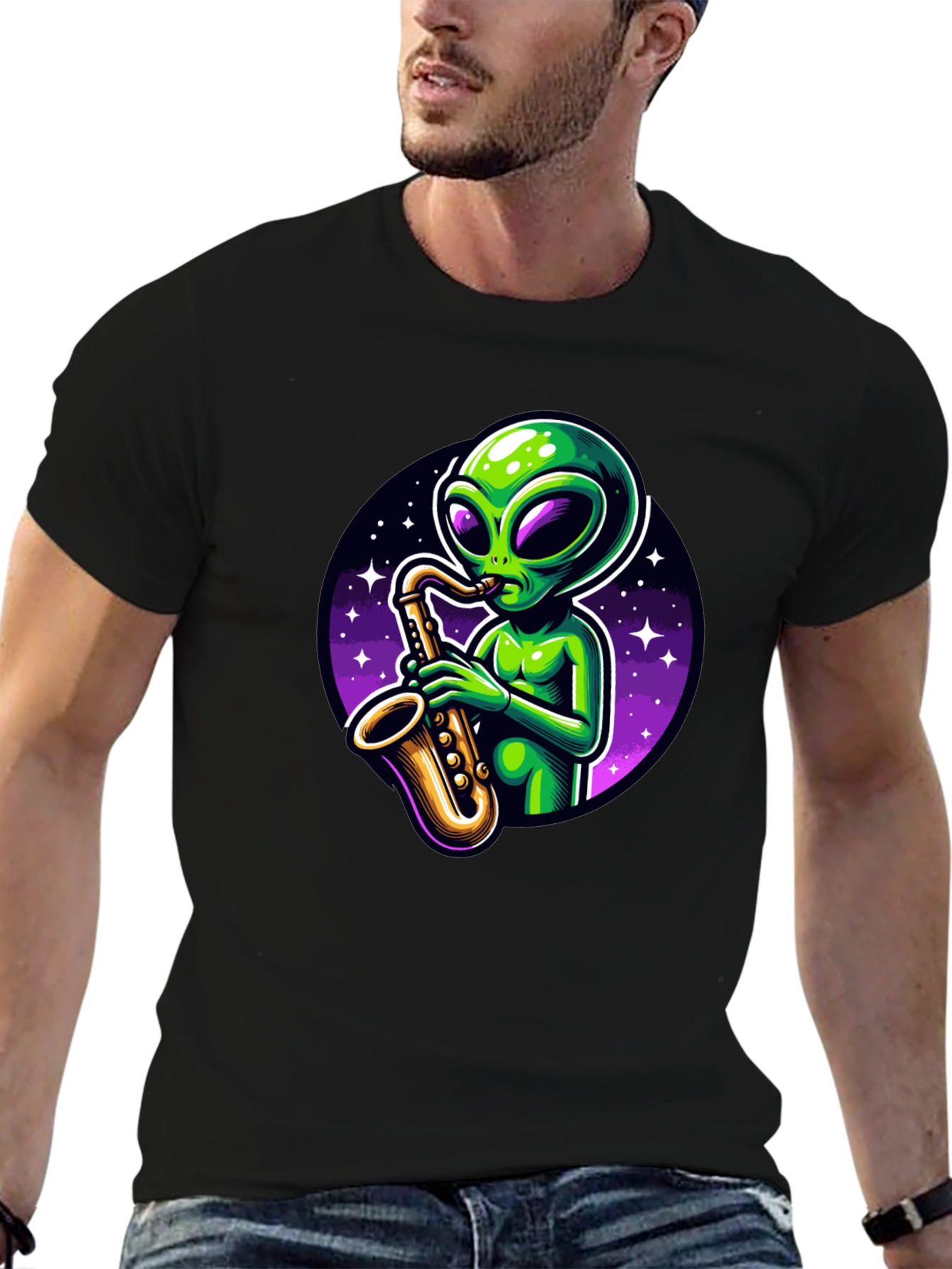 Alien Sax Player Graphic Tee - Black