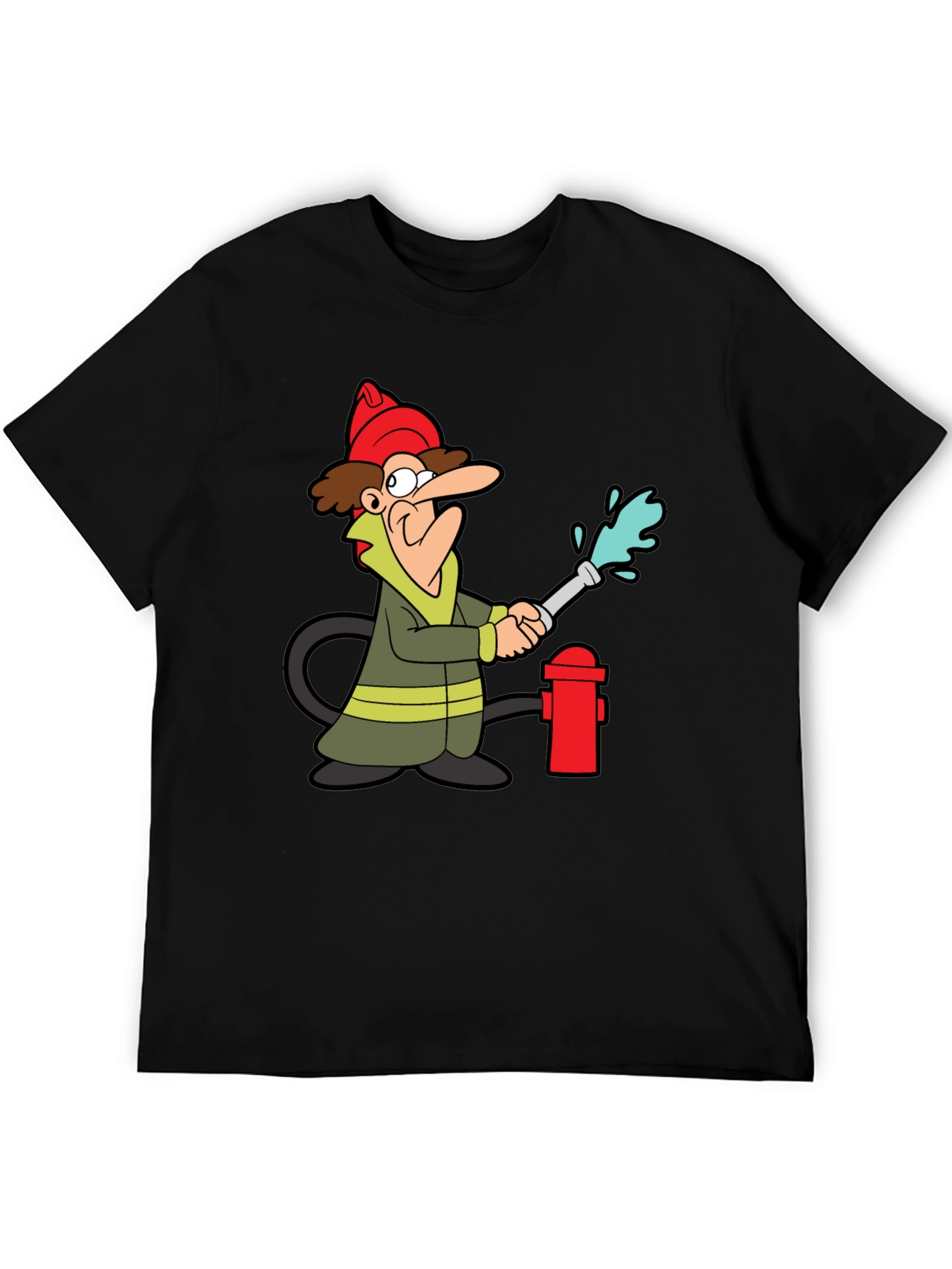 Cartoon Fireman T-Shirt - Black Cotton Tee