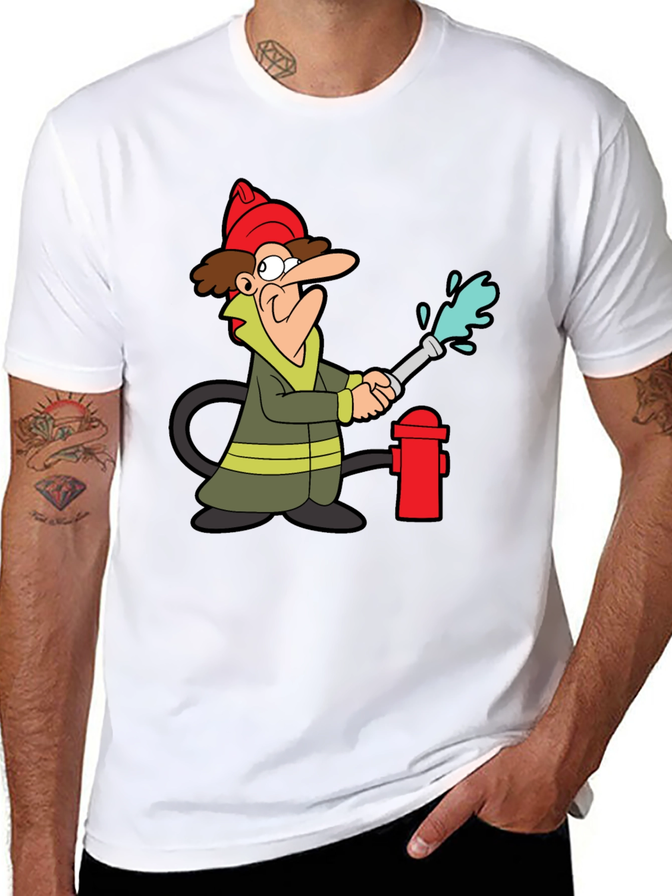 Cartoon Fireman T-Shirt - Black Cotton Tee