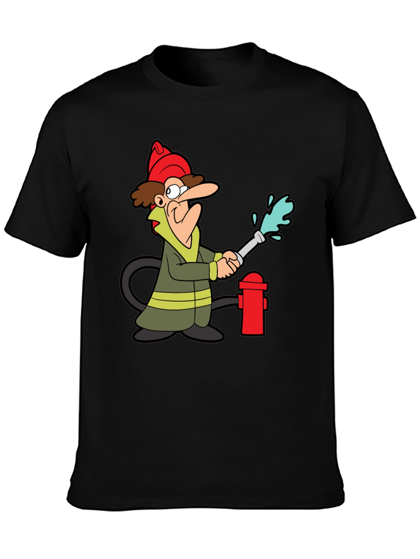 Cartoon Fireman T-Shirt - Black Cotton Tee