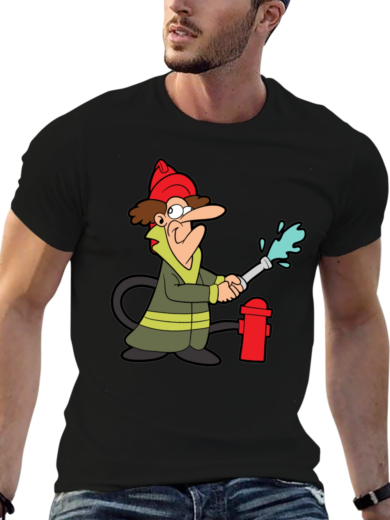 Cartoon Fireman T-Shirt - Black Cotton Tee