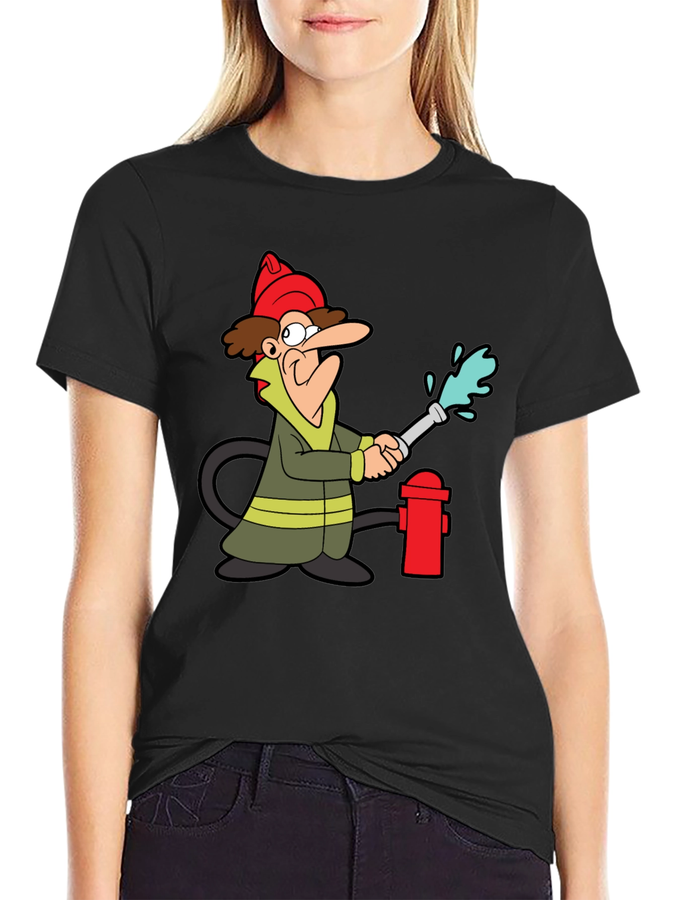Cartoon Fireman T-Shirt - Black Cotton Tee