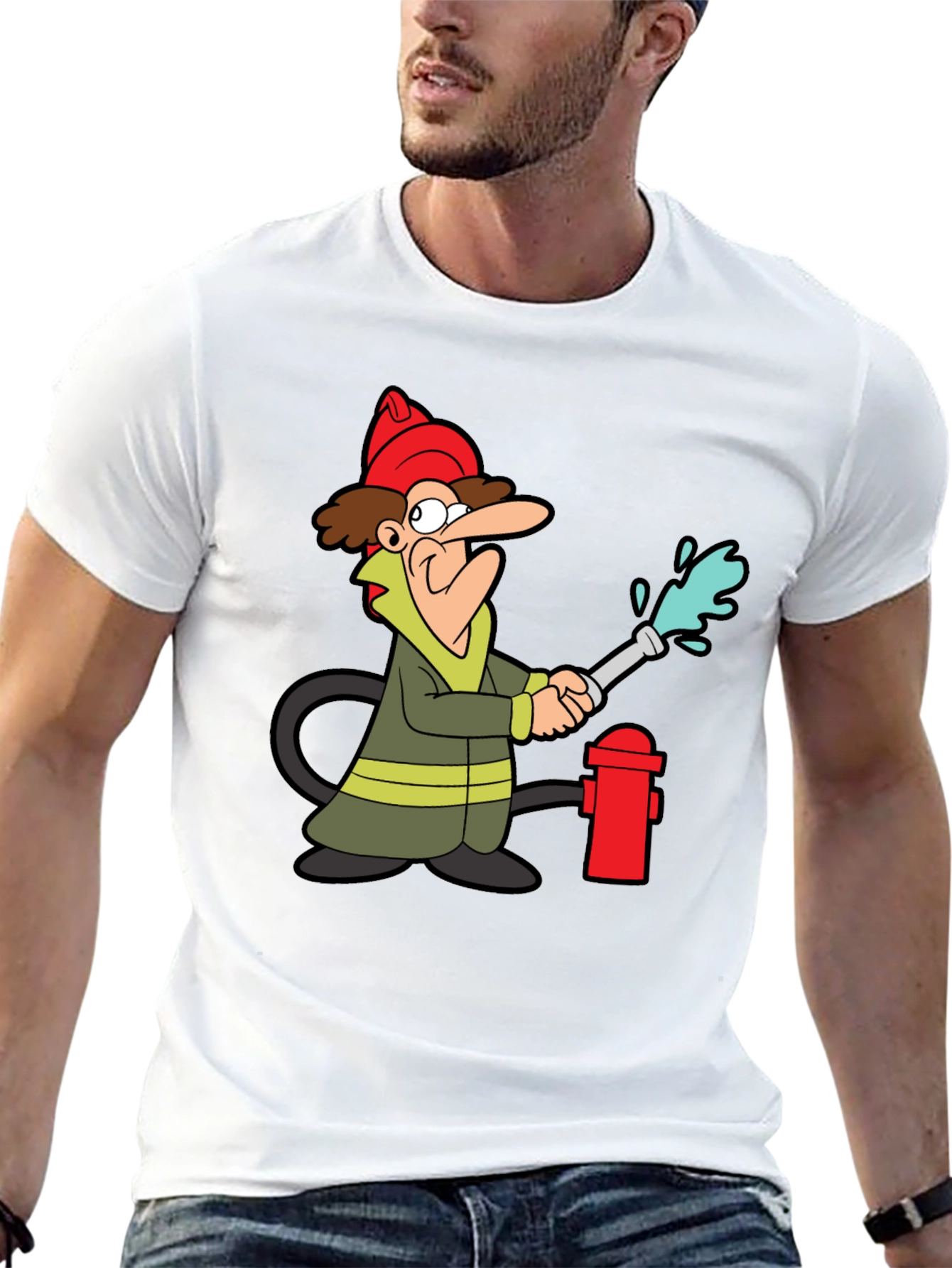 Cartoon Fireman T-Shirt - Black Cotton Tee