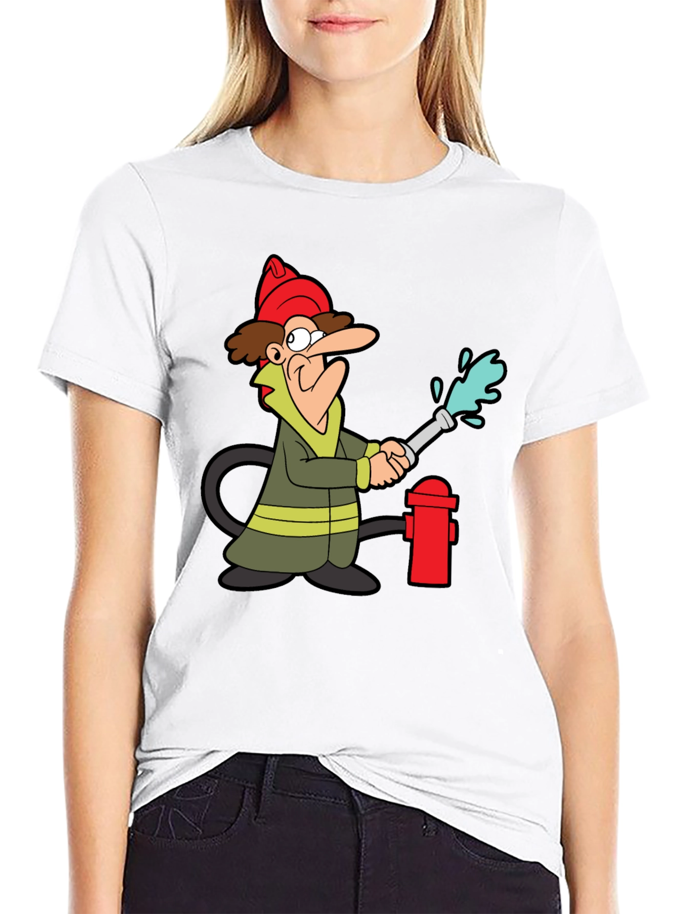 Cartoon Fireman T-Shirt - Black Cotton Tee
