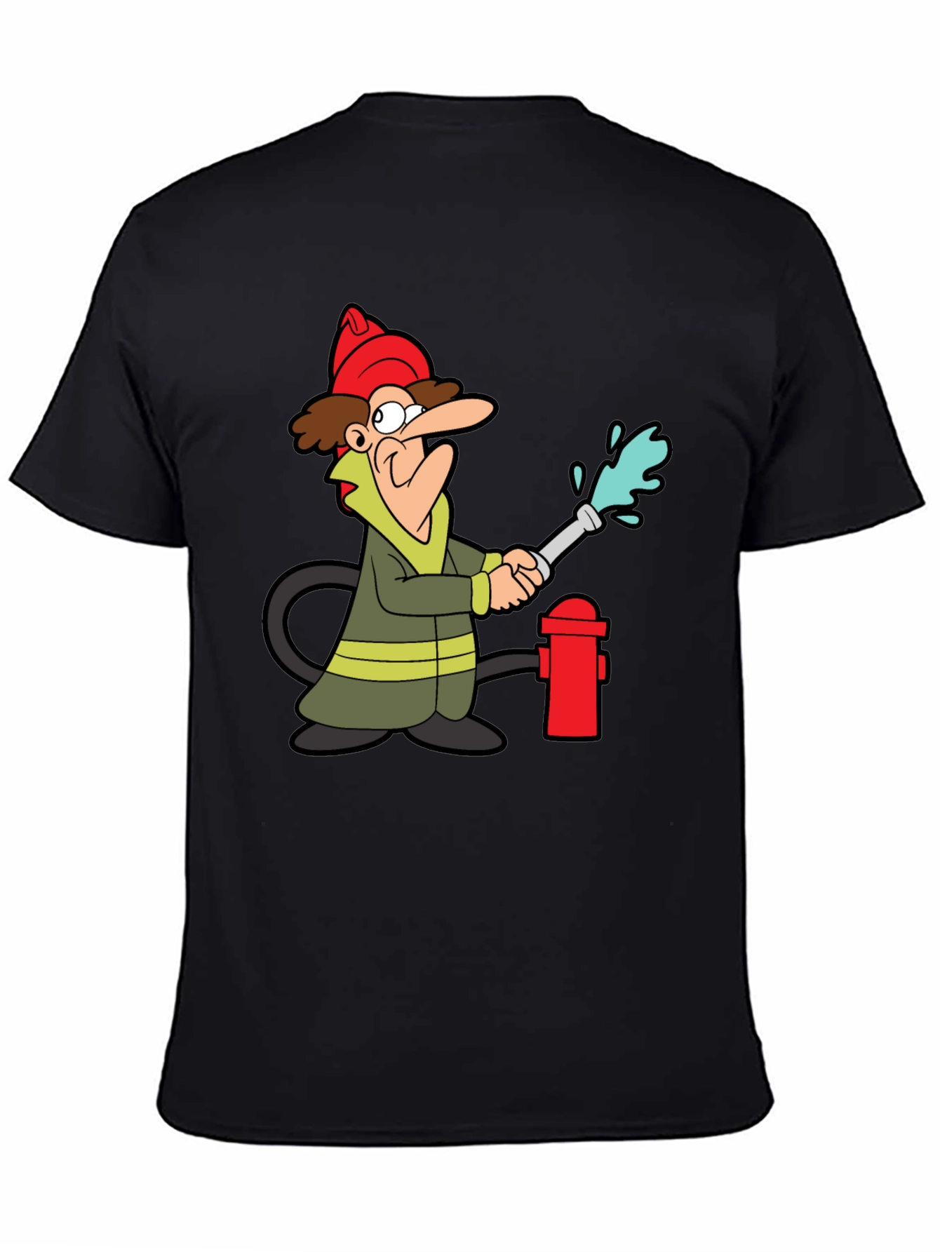 Cartoon Fireman T-Shirt - Black Cotton Tee