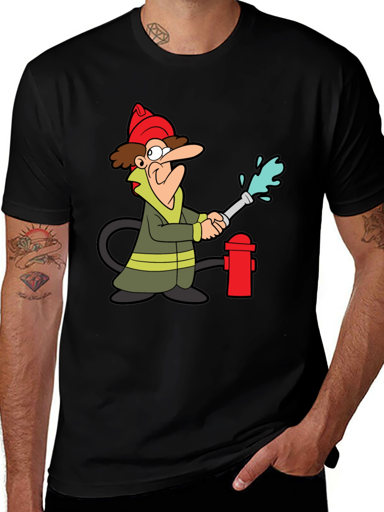 Cartoon Fireman T-Shirt - Black Cotton Tee