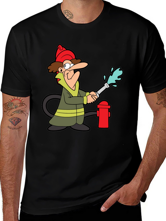 Cartoon Fireman T-Shirt - Black Cotton Tee