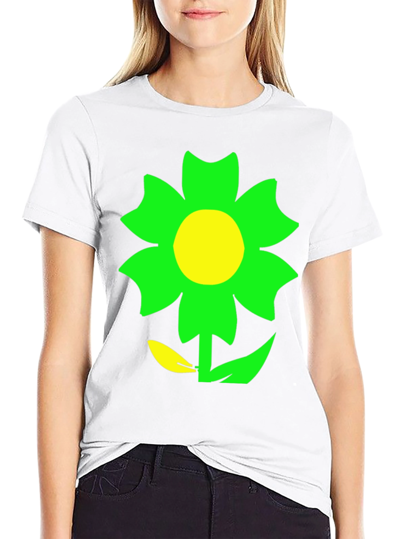 Green Flower Graphic Black T-Shirt