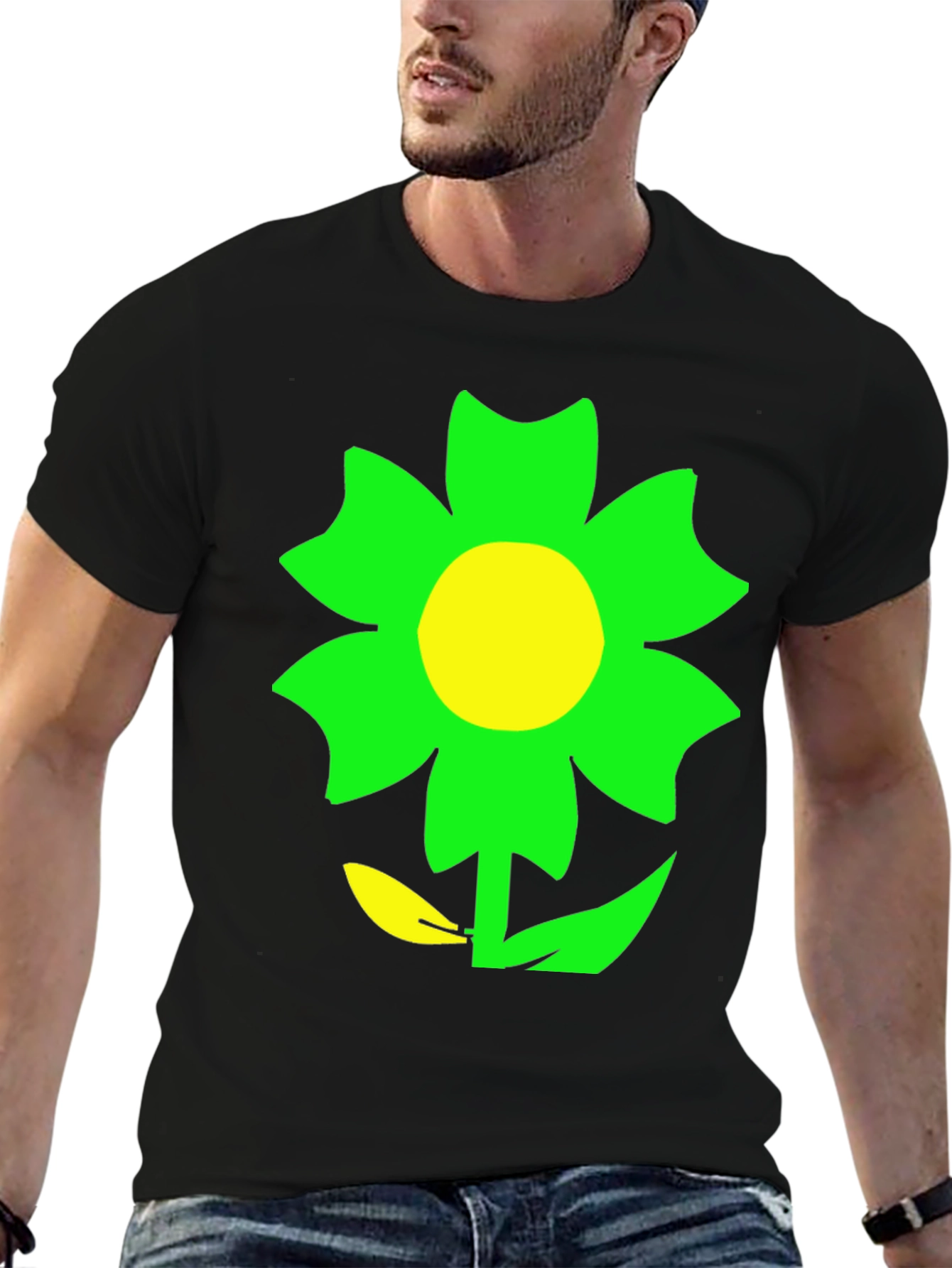 Green Flower Graphic Black T-Shirt