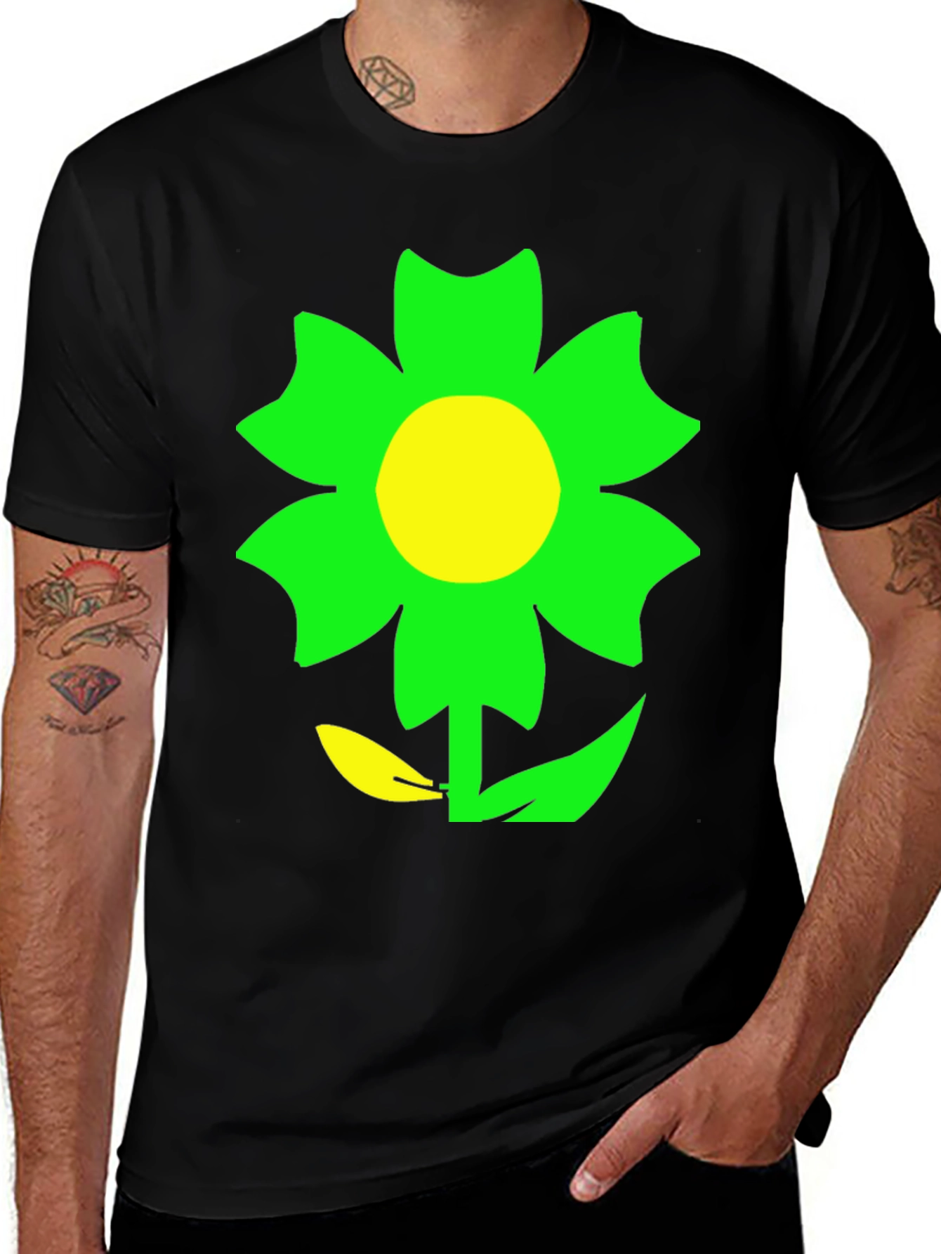 Green Flower Graphic Black T-Shirt