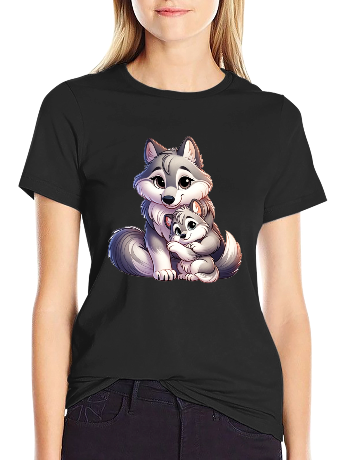Cute Wolf Mom & Pup Black T-Shirt