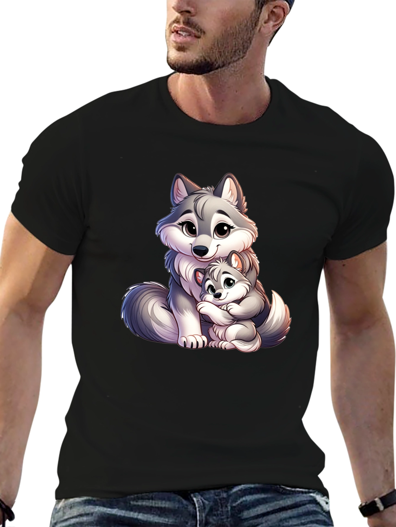 Cute Wolf Mom & Pup Black T-Shirt