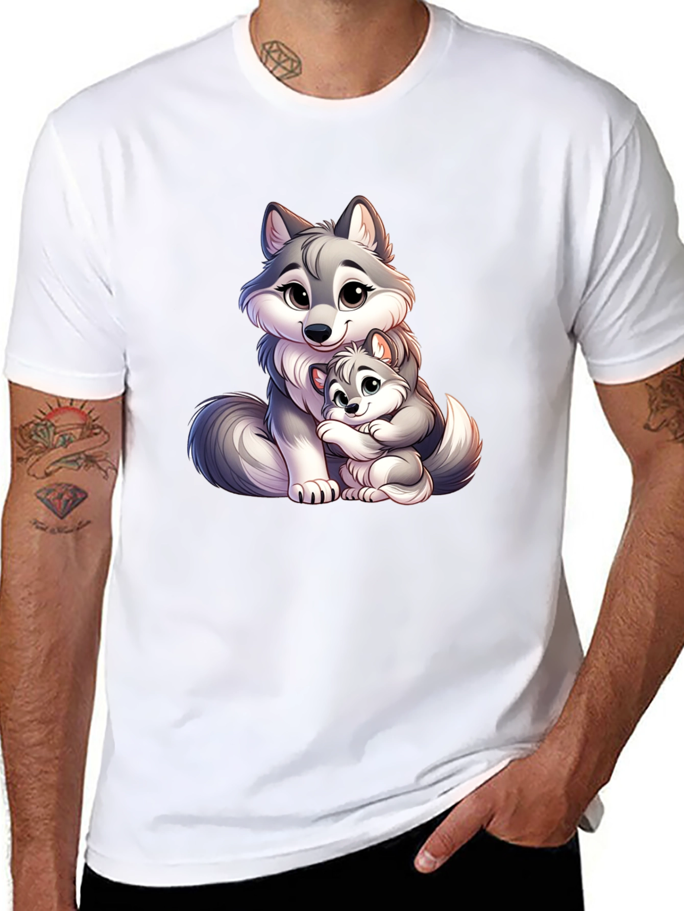 Cute Wolf Mom & Pup Black T-Shirt