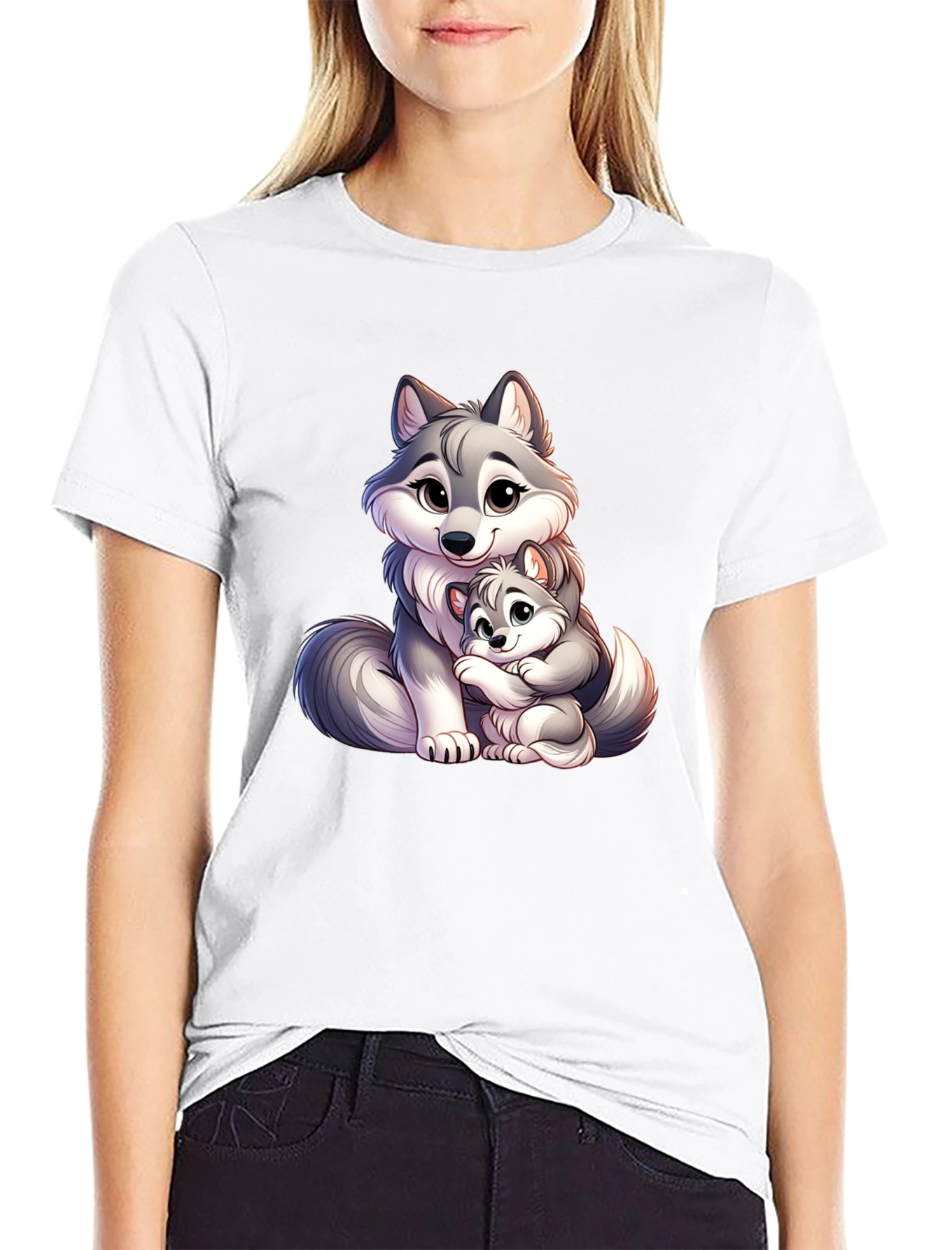 Cute Wolf Mom & Pup Black T-Shirt