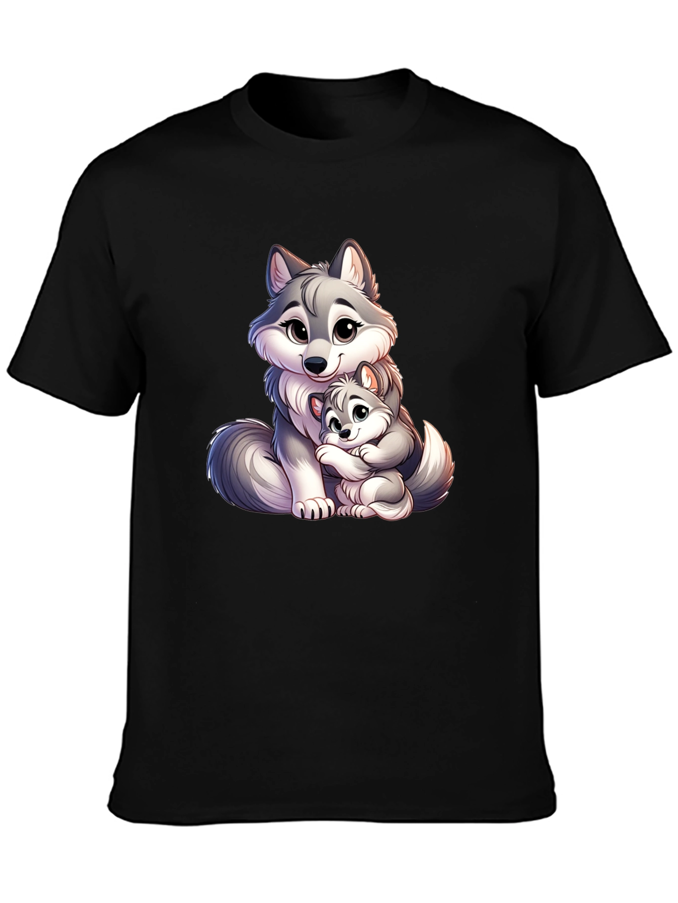 Cute Wolf Mom & Pup Black T-Shirt