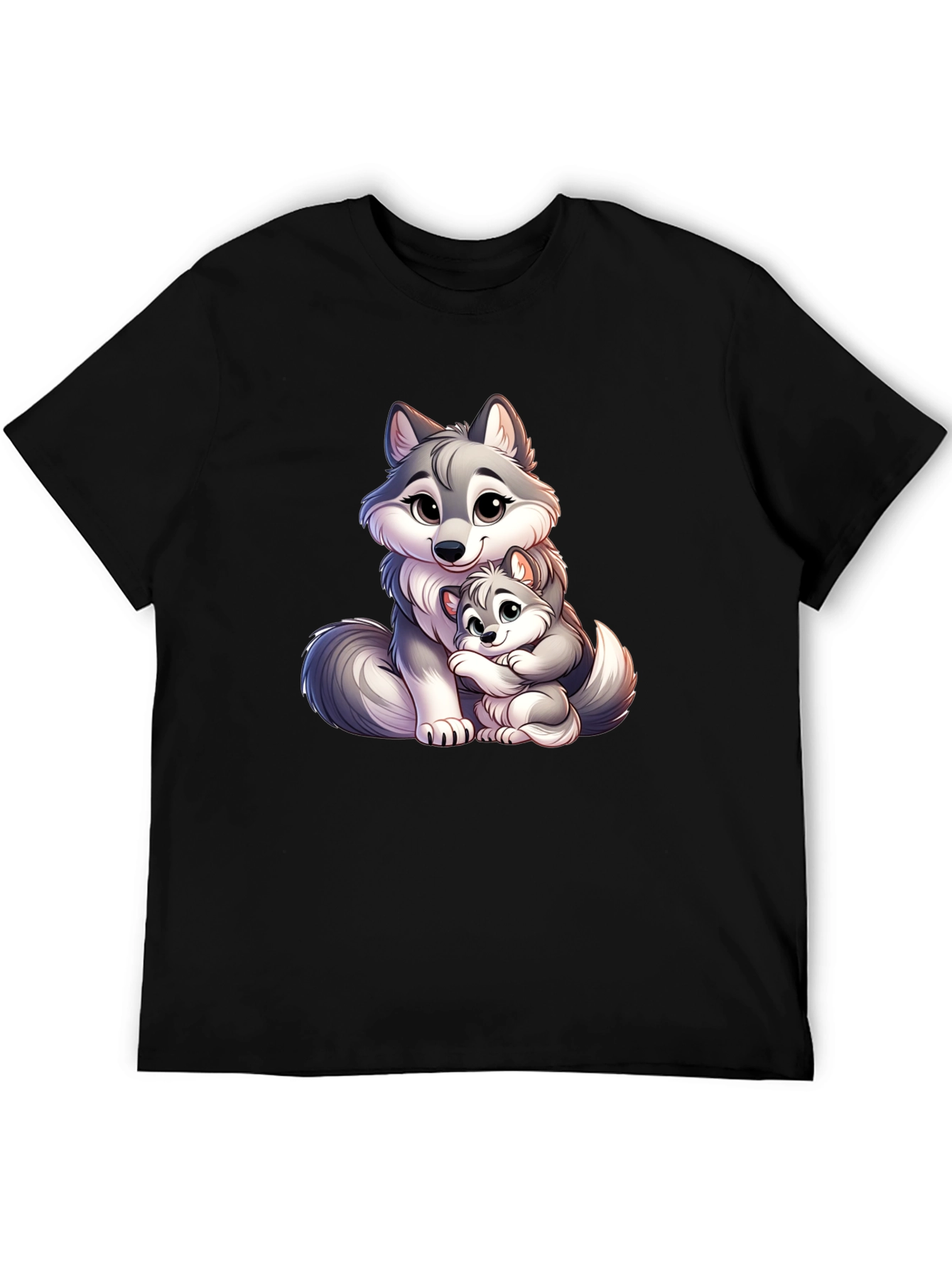 Cute Wolf Mom & Pup Black T-Shirt