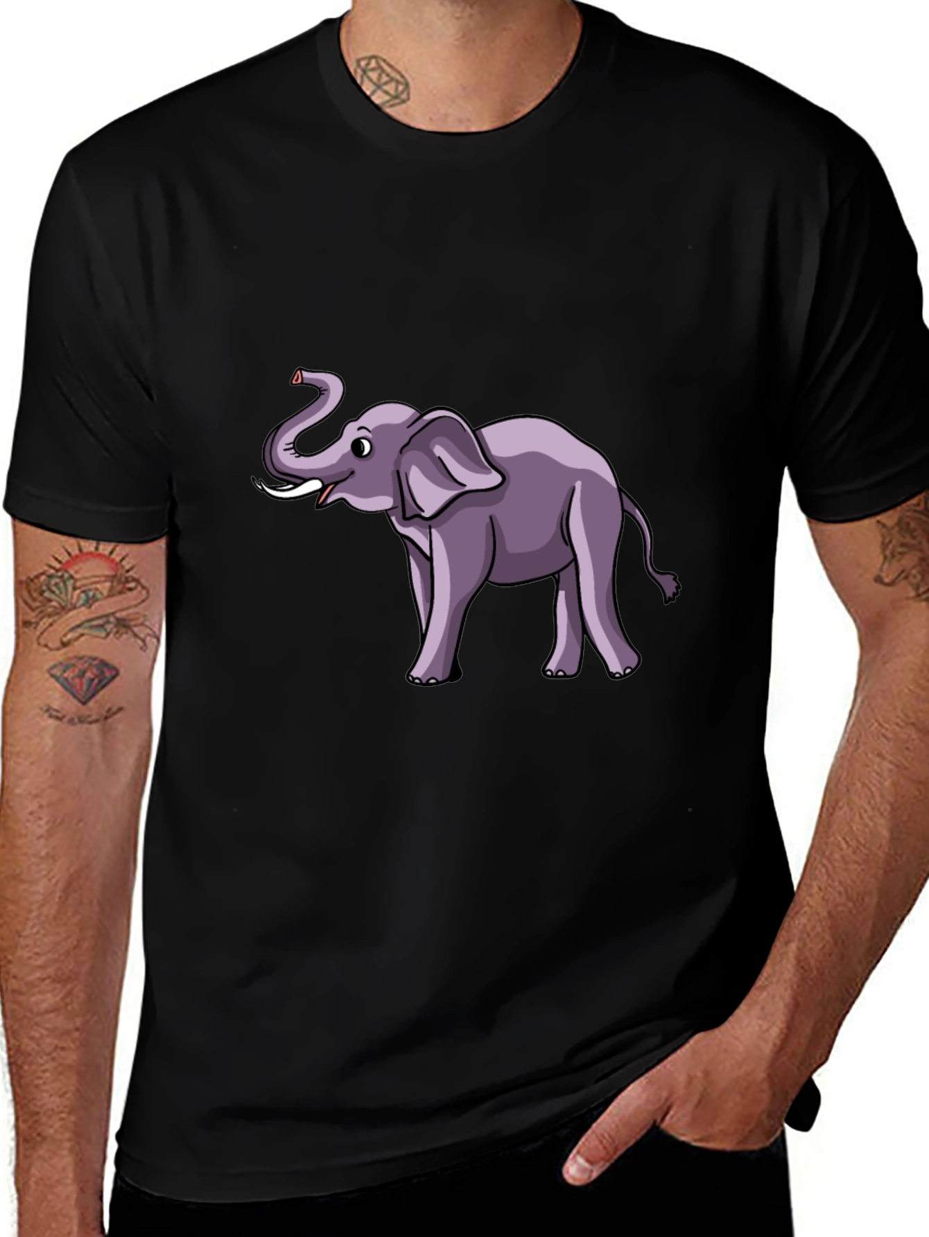 Elephant Cartoon Graphic Tee - Black Cotton T-Shirt