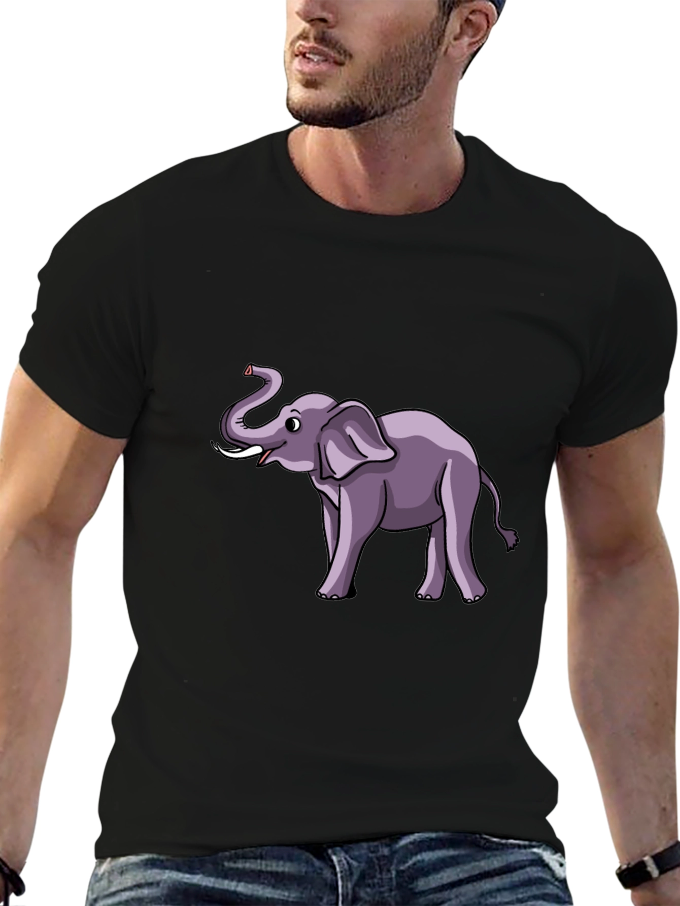 Elephant Cartoon Graphic Tee - Black Cotton T-Shirt