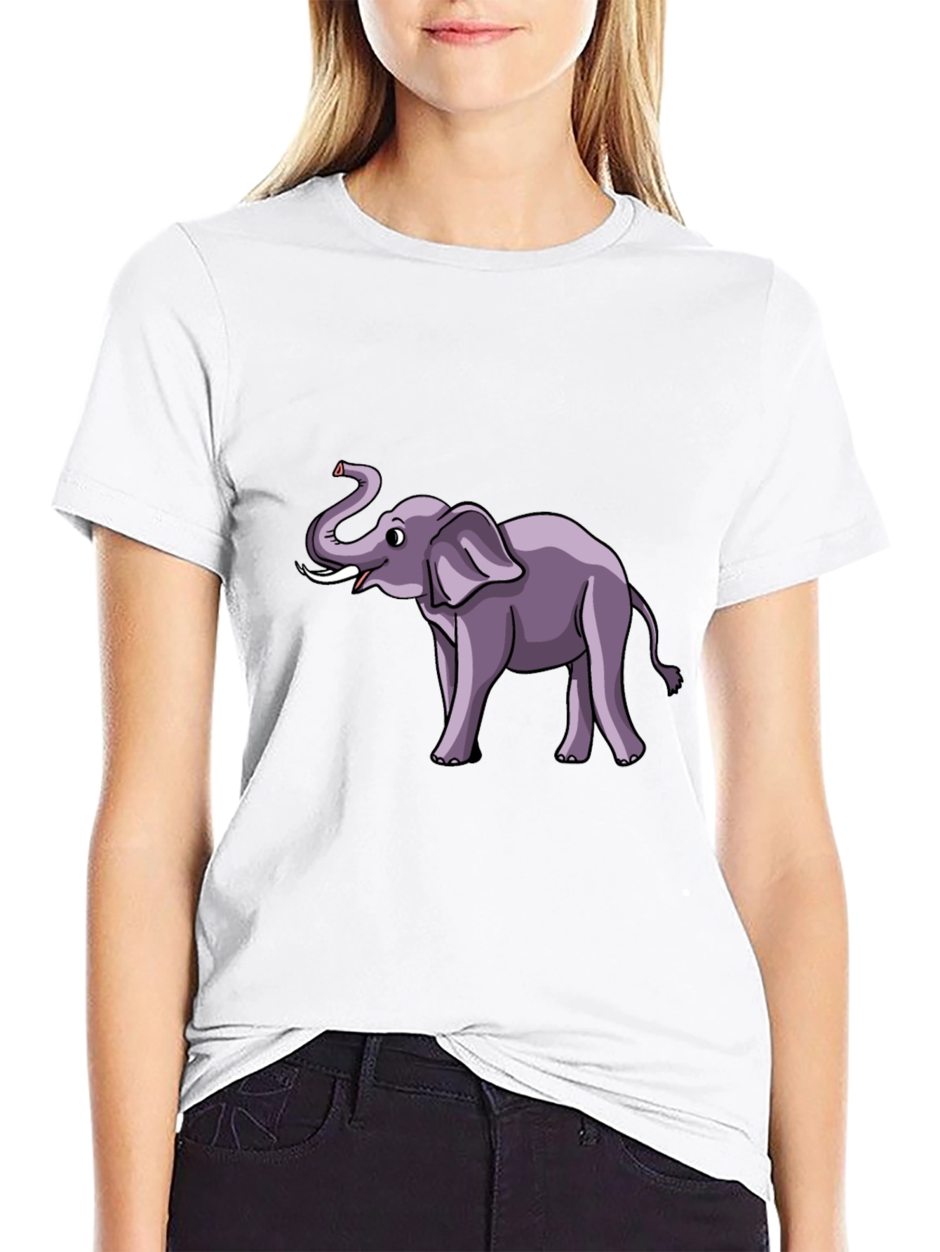 Elephant Cartoon Graphic Tee - Black Cotton T-Shirt