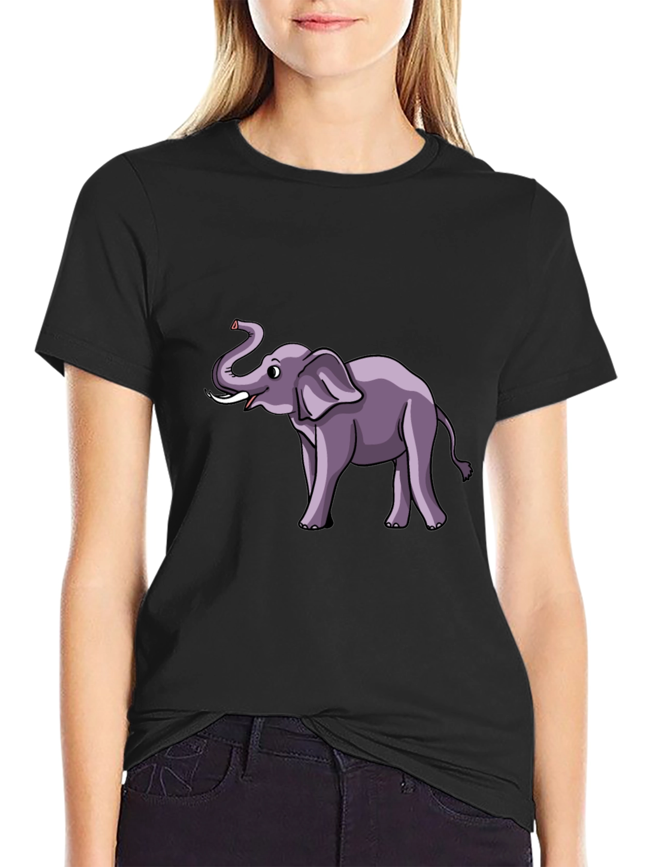 Elephant Cartoon Graphic Tee - Black Cotton T-Shirt