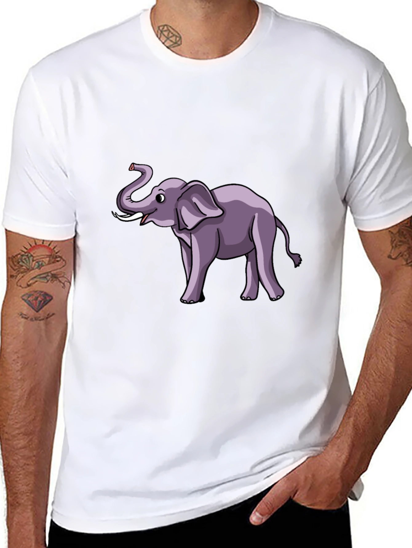 Elephant Cartoon Graphic Tee - Black Cotton T-Shirt